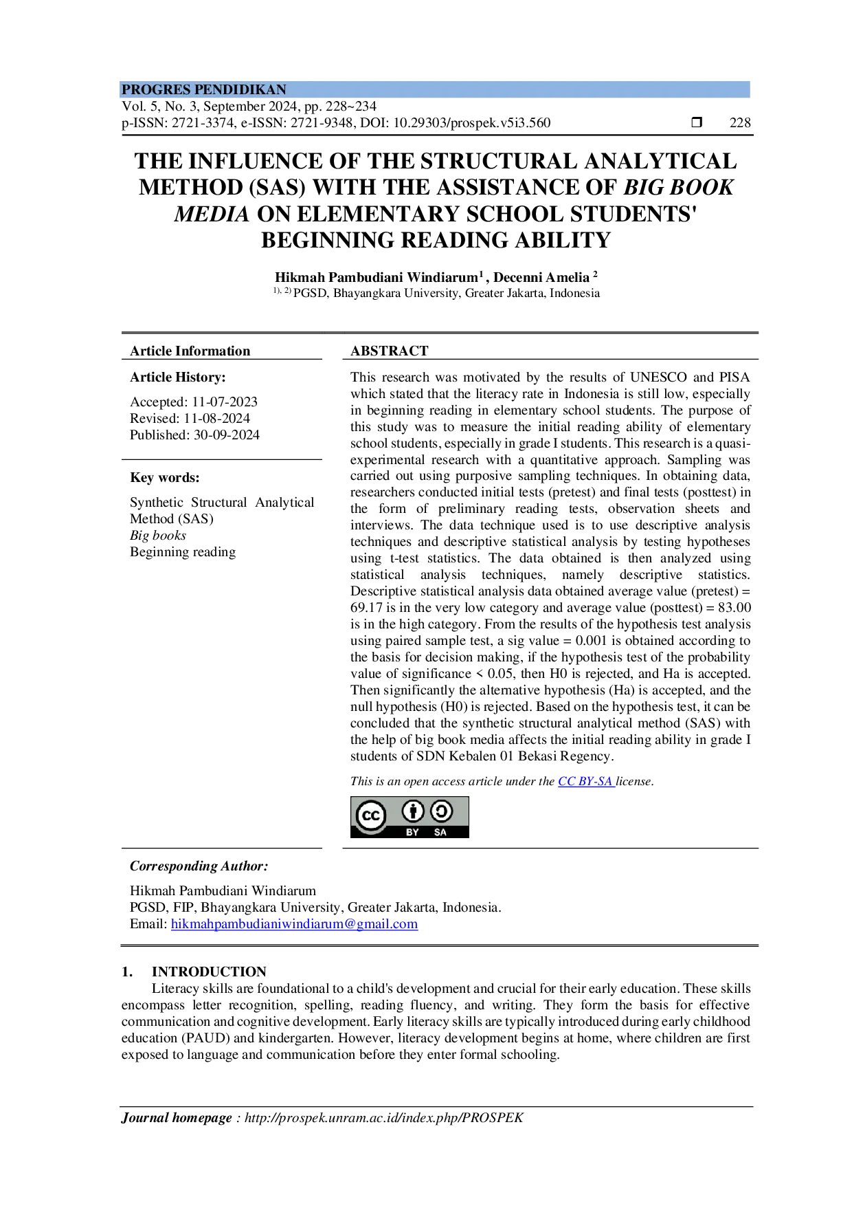 JURIS The Influence of the Structural Analytical Method SAS With the Assistance of Big Book Media on Elementary School Students Beginning Reading Ability