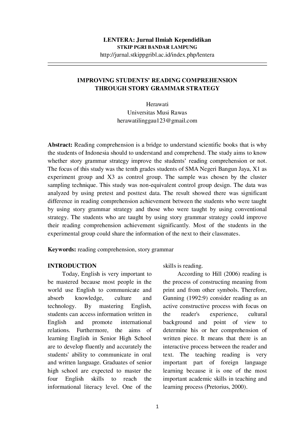 JURIS Improving Students Reading Comprehension Through Story Grammar Strategy