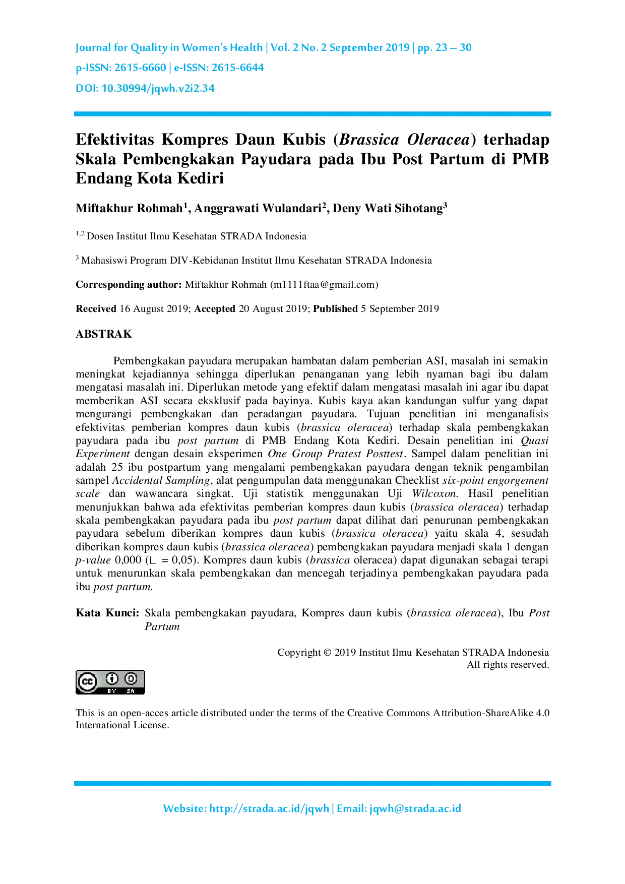 JURIS Efektivitas Kompres Daun Kubis Brassica Oleracea terhadap Skala Pembengkakan Payudara pada Ibu Post Partum di PMB Endang Kota Kediri