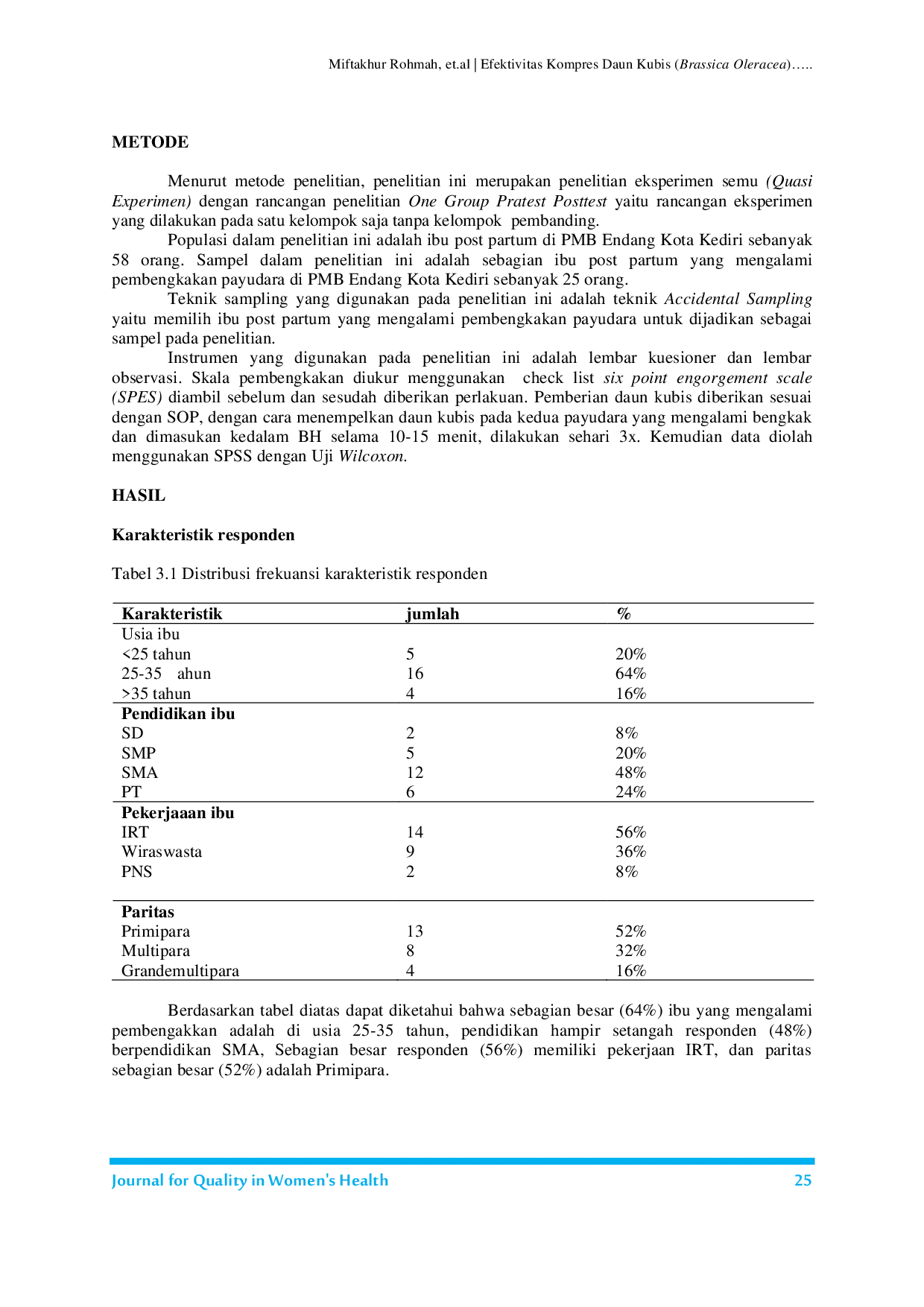 JURIS Efektivitas Kompres Daun Kubis Brassica Oleracea terhadap Skala Pembengkakan Payudara pada Ibu Post Partum di PMB Endang Kota Kediri