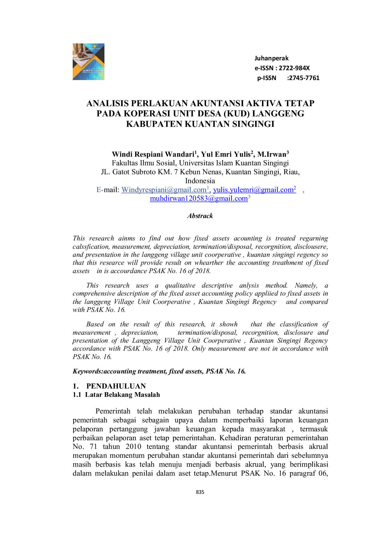 JURIS Analisis Perlakuan Akuntansi Aktiva Tetap pada Koperasi Unit Desa Langgeng Kabupaten Kuantan Singingi