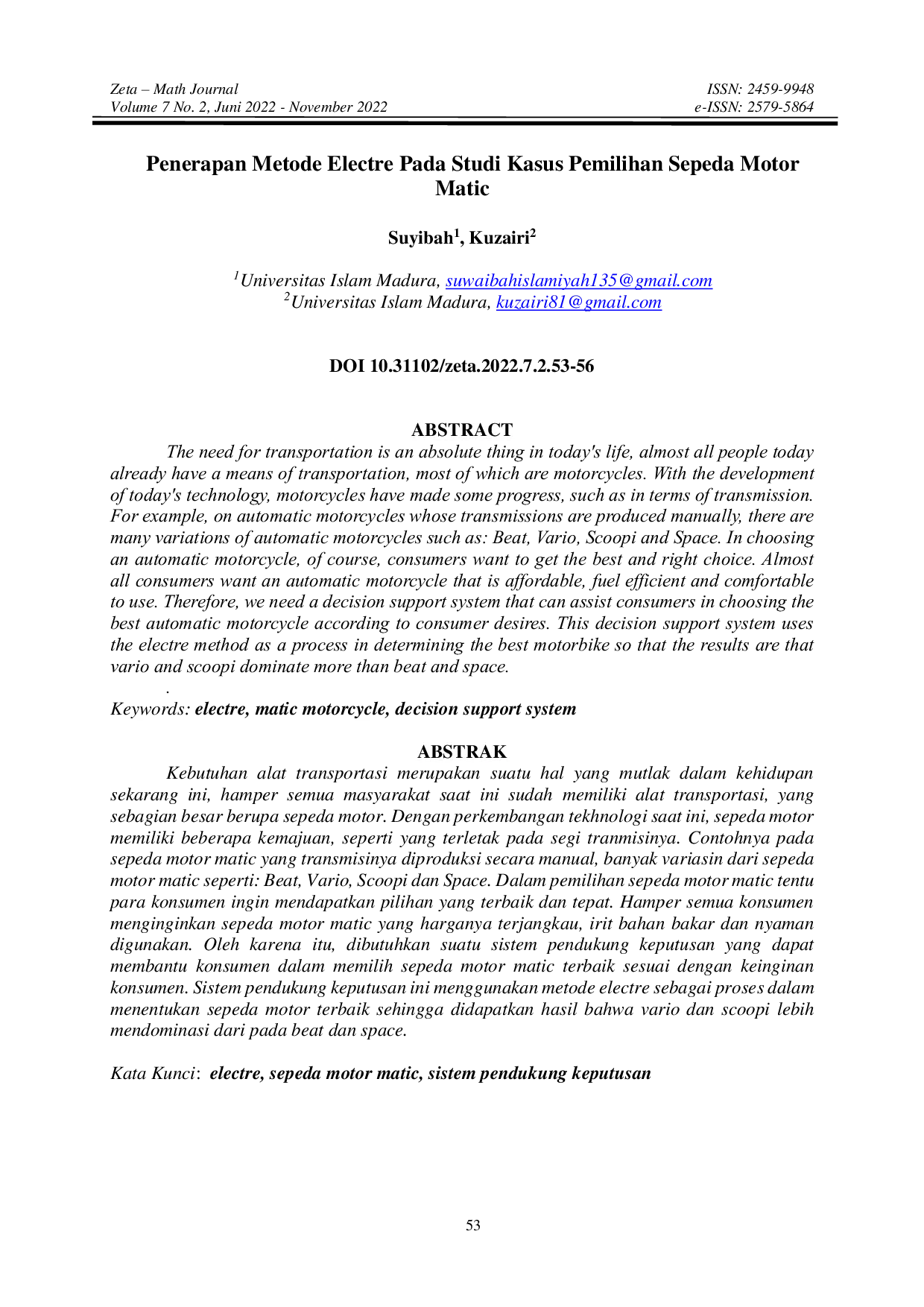 JURIS Penerapan Metode Electre Pada Studi Kasus Pemilihan Sepeda Motor Matic