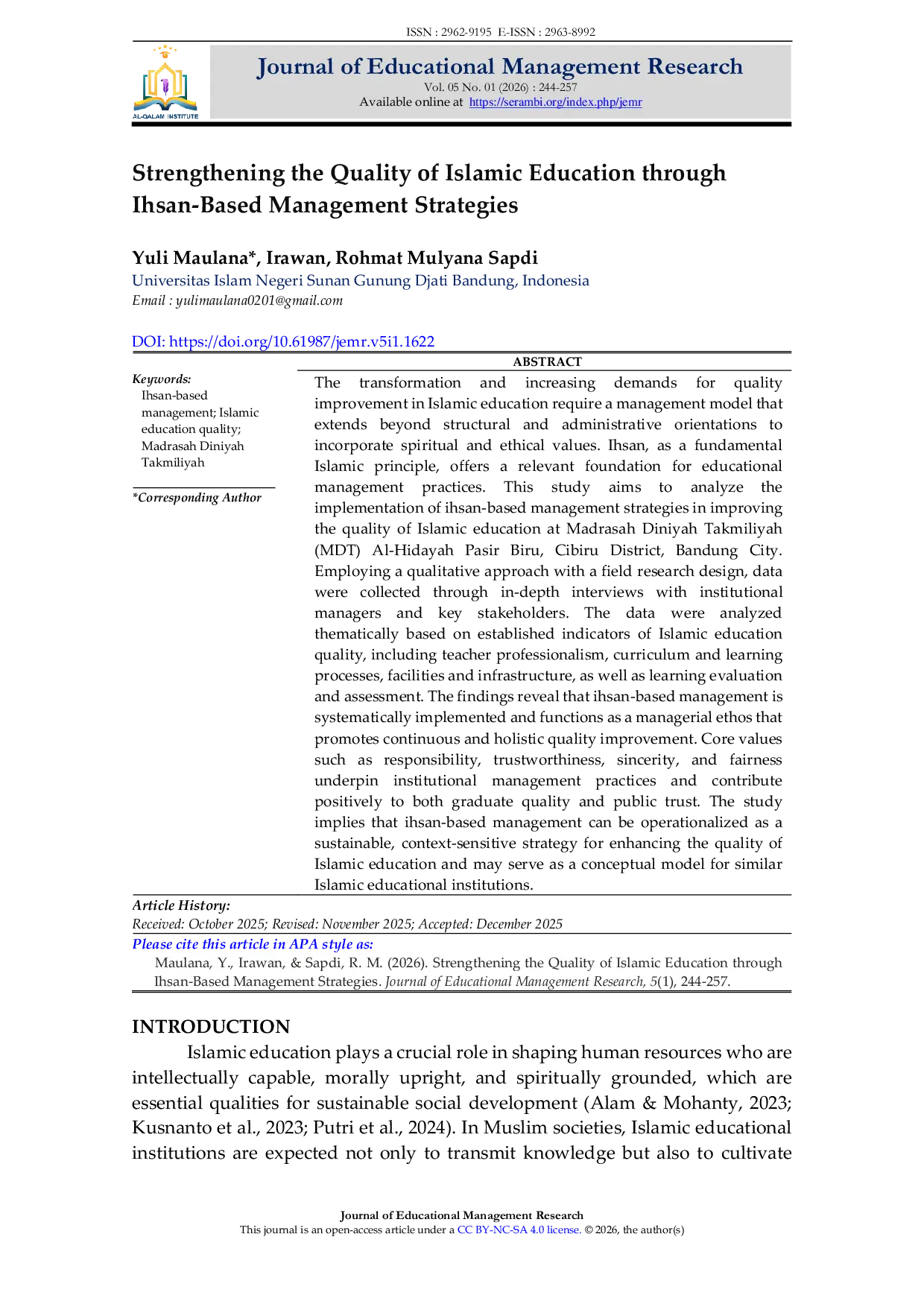 JURIS Strengthening the Quality of Islamic Education through Ihsan Based Management Strategies