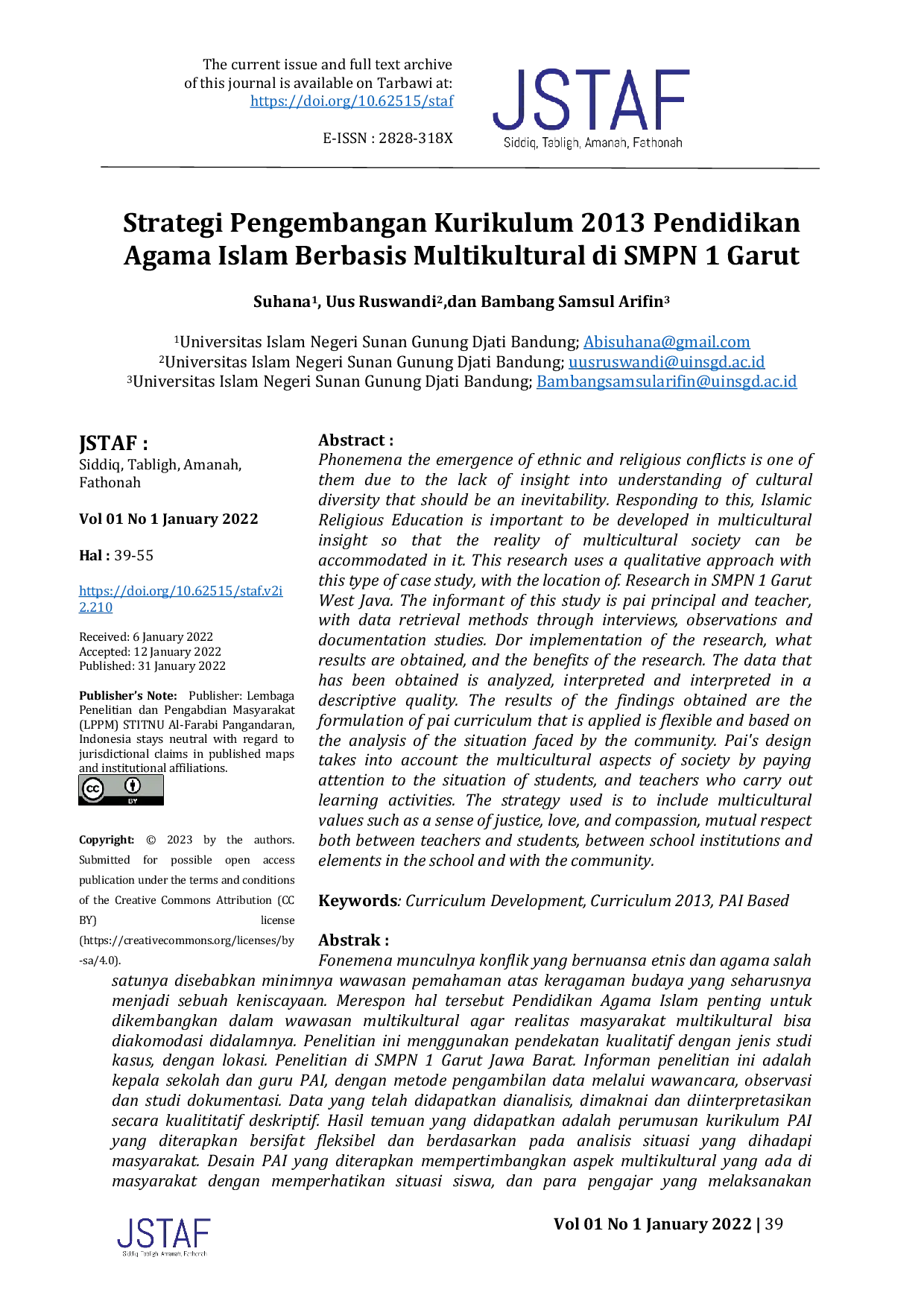 JURIS Strategi Pengembangan Kurikulum 2013 Pendidikan Agama Islam Berbasis Multikultural di SMPN 1 Garut