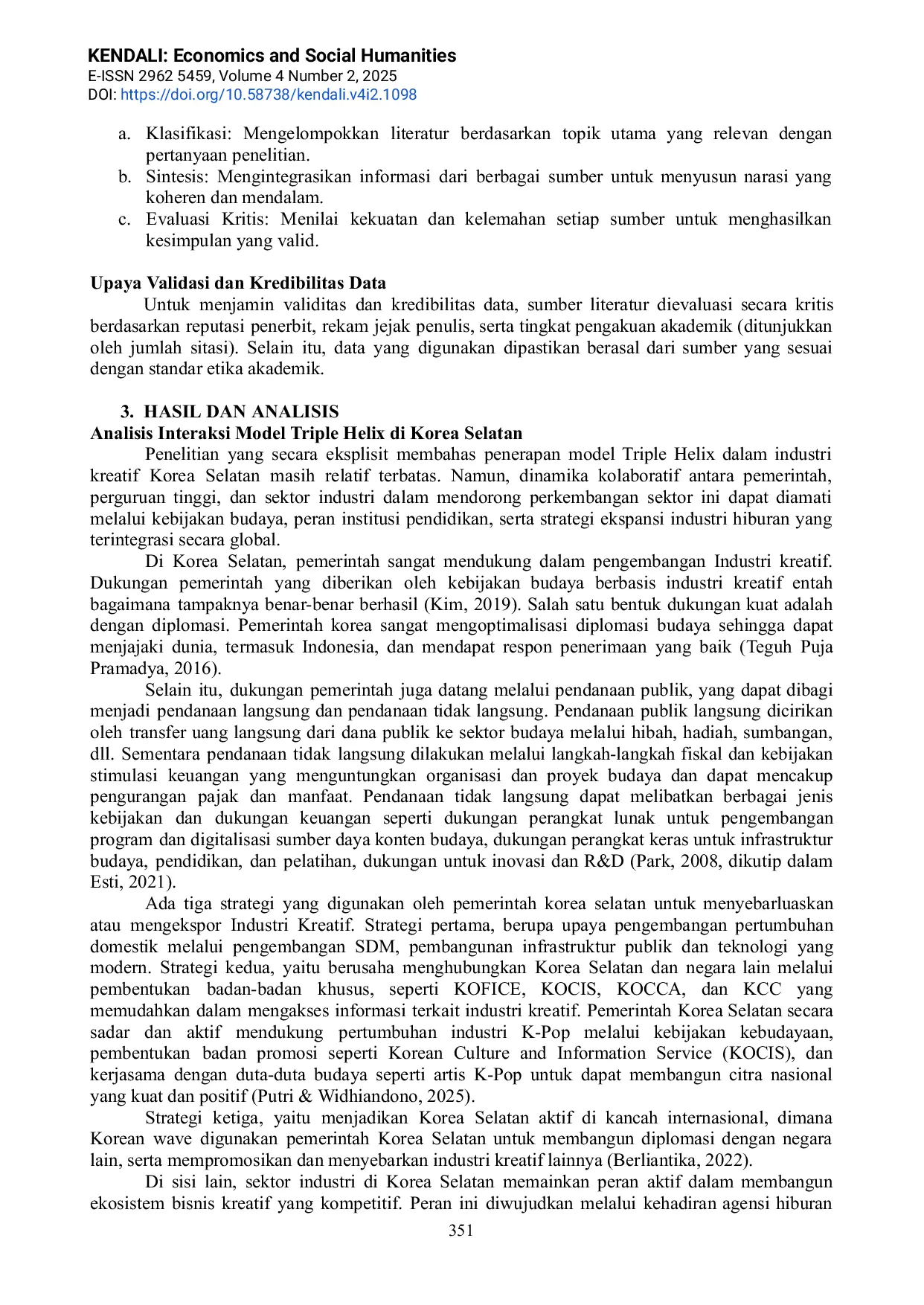 JURIS Penerapan Model Triple Helix dalam Pengembangan Industri Kreatif Sebagai Penggerak Inklusivitas Ekonomi Nasional Studi Kasus Korea Selatan