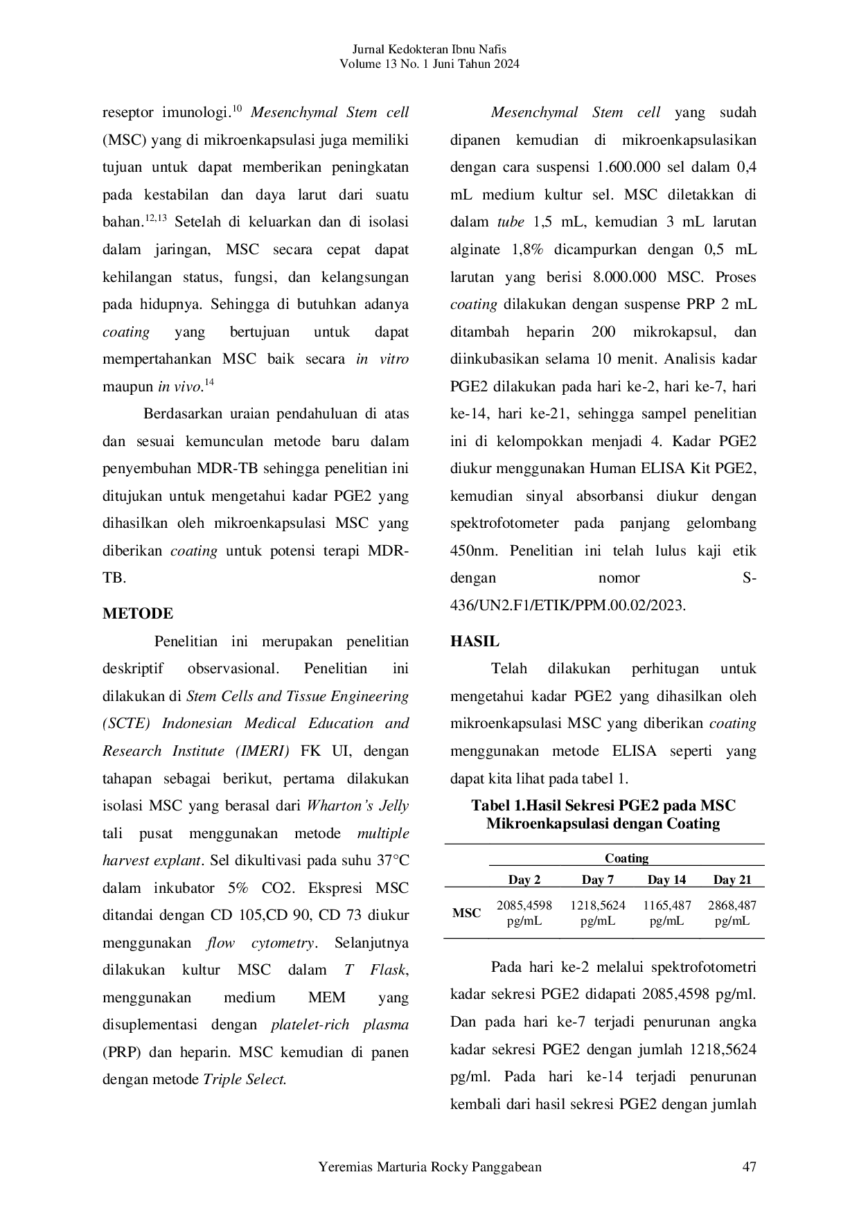 JURIS Kadar Pge2 Mikroenkapsulasi Msc Dengan Coating Studi Prelimineri Terapi Seluler Mdr Tb