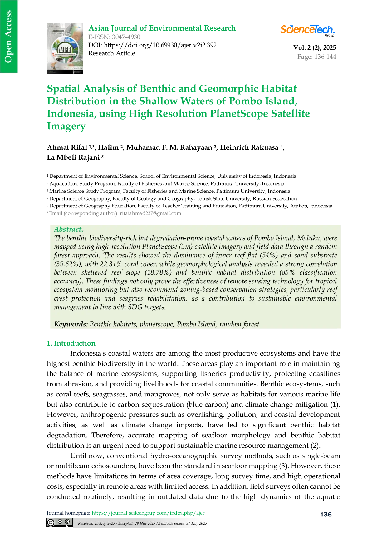 JURIS Spatial Analysis of Benthic and Geomorphic Habitat Distribution in the Shallow Waters of Pombo Island Indonesia using High Resolution PlanetScope Satellite Imagery
