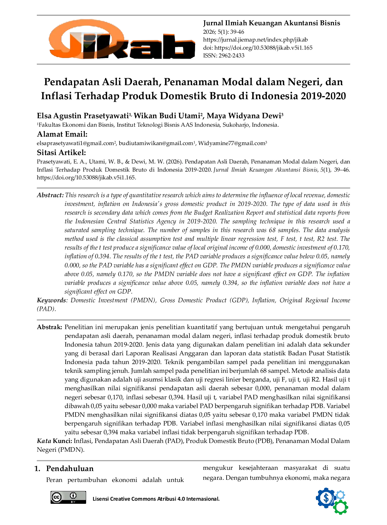 JURIS Pendapatan Asli Daerah Penanaman Modal dalam Negeri dan Inflasi Terhadap Produk Domestik Bruto di Indonesia 2019 2020