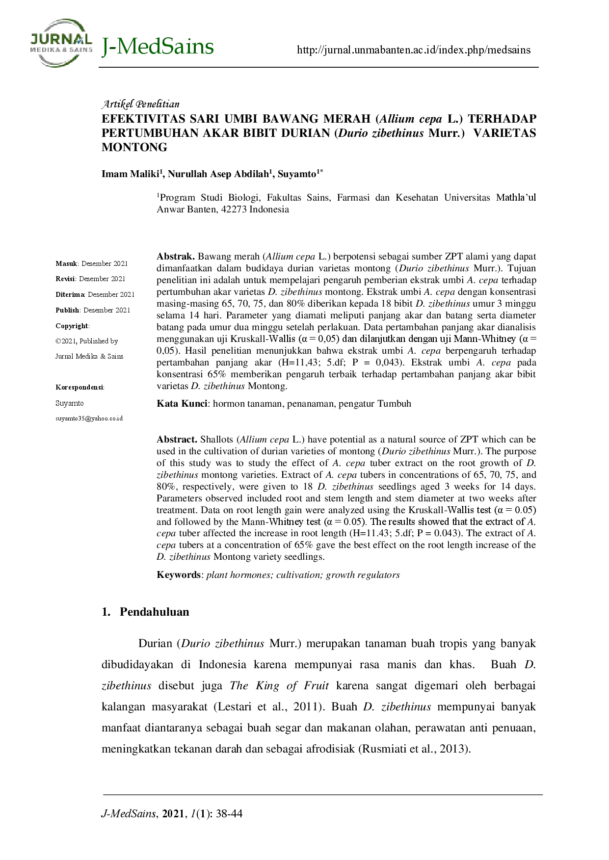 juris Efectivitas Sari Umbi Bawang Merah Terhadap Pertumbuhan Akar Bibit Durian Varietas Montong