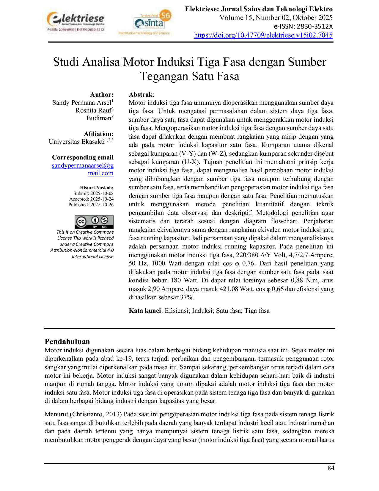 JURIS Studi Analisa Motor Induksi Tiga Fasa dengan Sumber Tegangan Satu Fasa Analysis Study of a Three Phase Induction Motor with a Single Phase Voltage Source