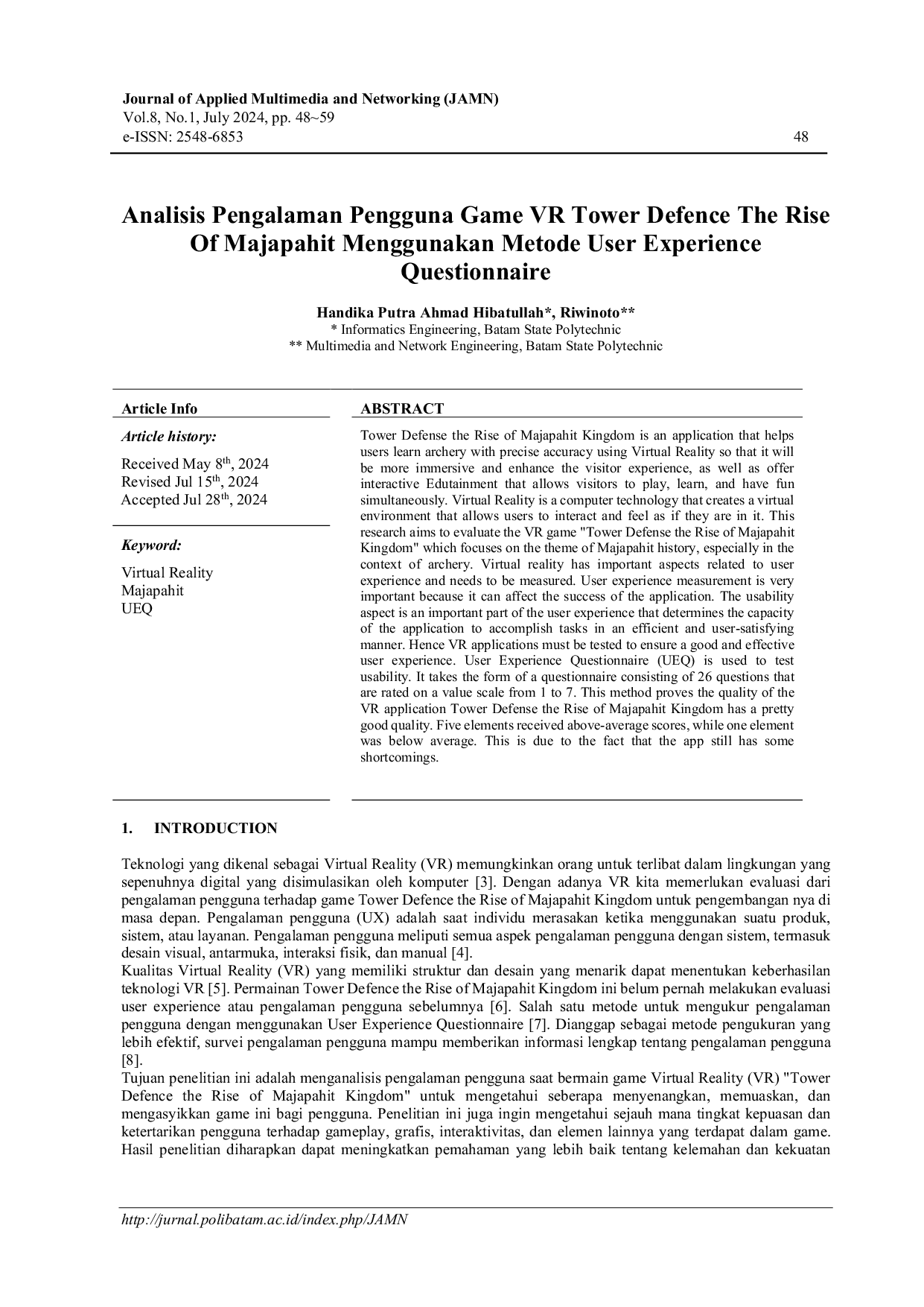 JURIS Analisis Pengalaman Pengguna Game VR Tower Defence The Rise Of Majapahit Menggunakan Metode User Experience Questionnaire