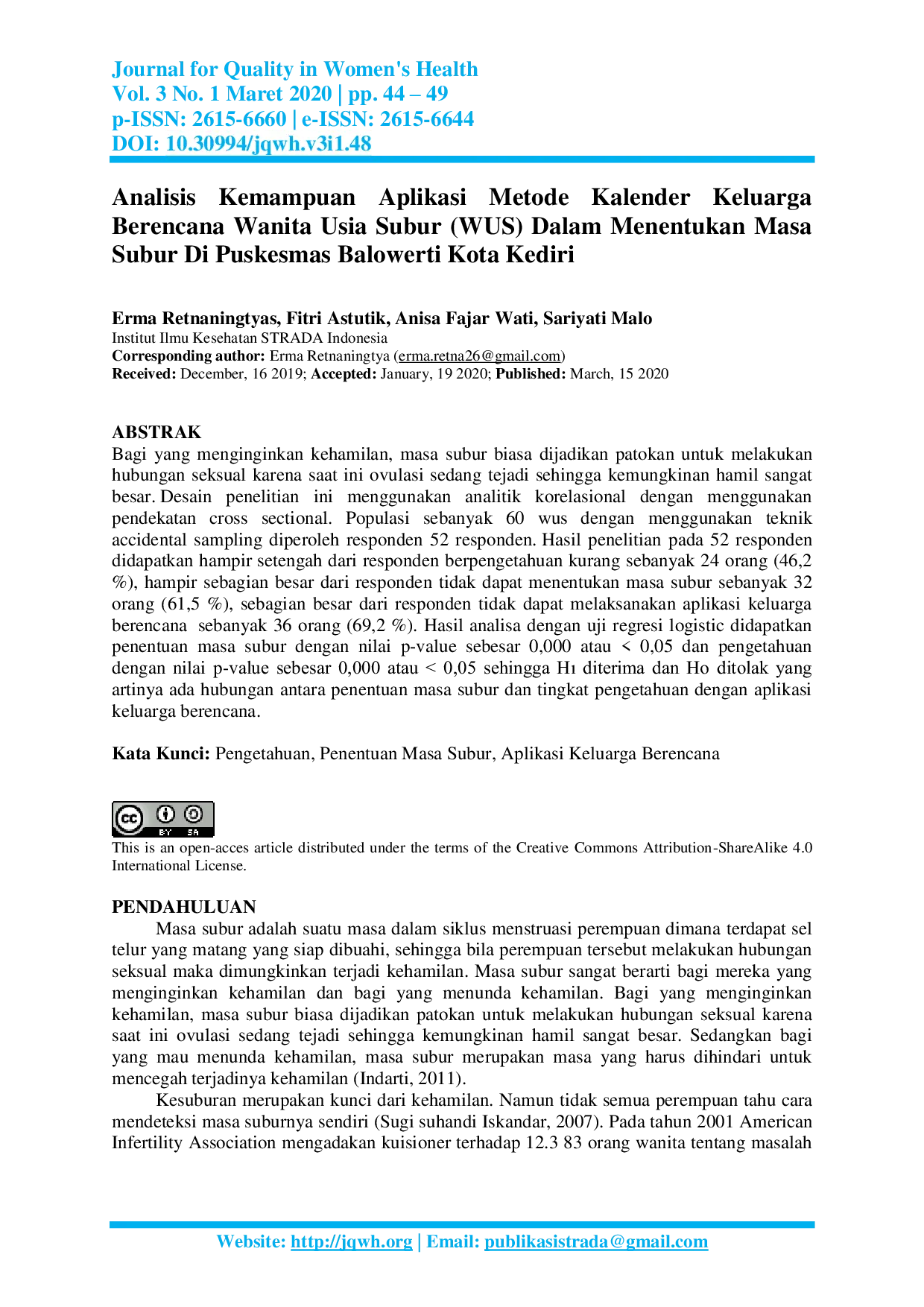 JURIS Analisis Kemampuan Aplikasi Metode Kalender Keluarga Berencana Wanita Usia Subur WUS Dalam Menentukan Masa Subur Di Puskesmas Balowerti Kota Kediri