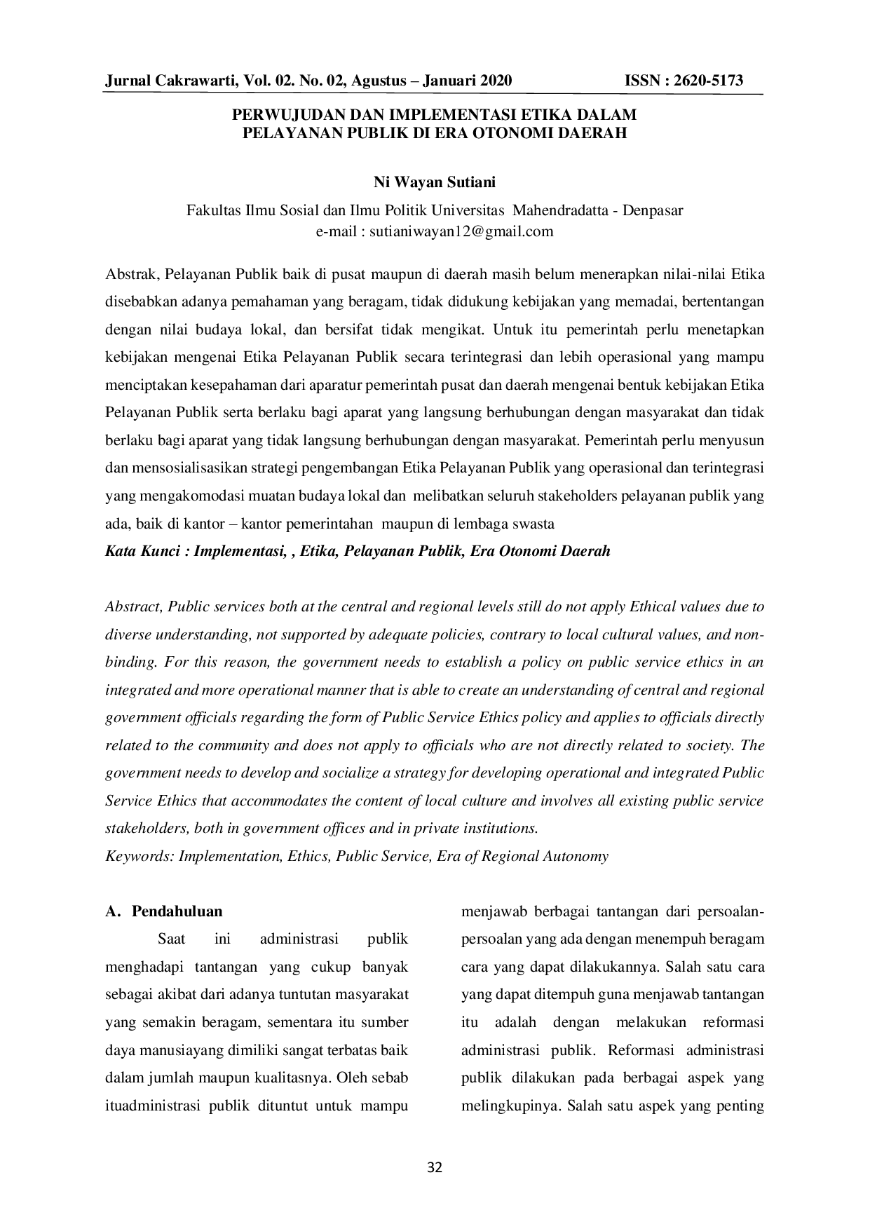 JURIS Perwujudan Dan Implementasi Etika Dalam Pelayanan Publik Di Era Otonomi Daerah