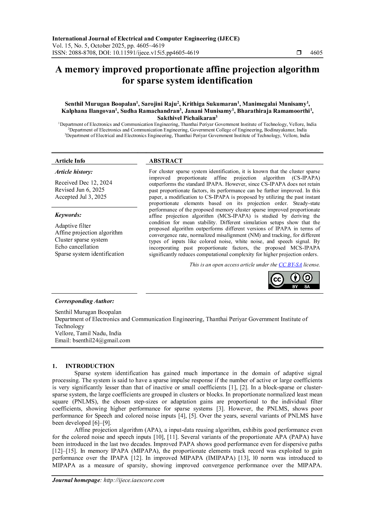 JURIS A memory improved proportionate affine projection algorithm for sparse system identification
