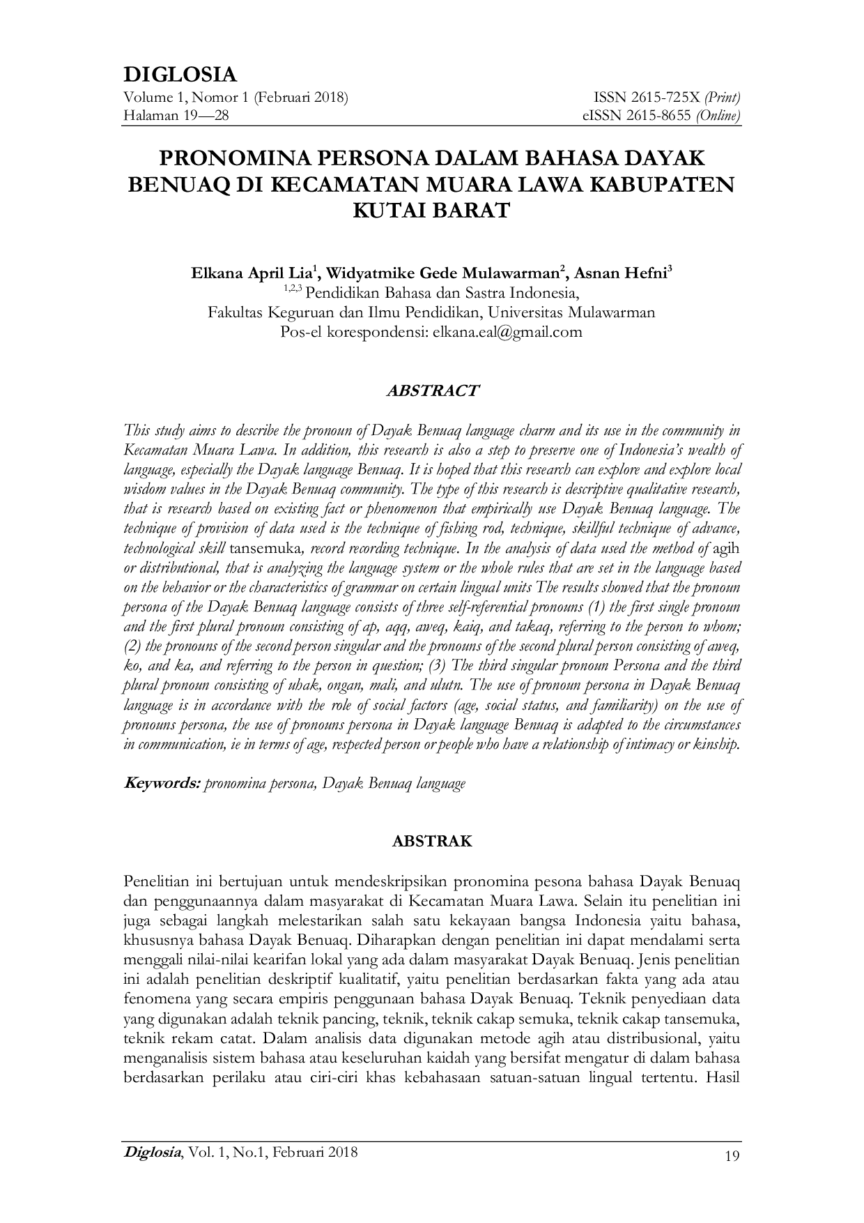 JURIS Pronomina Persona dalam Bahasa Dayak Benuaq di Kecamatan Muara Lawa Kabupaten Kutai Barat