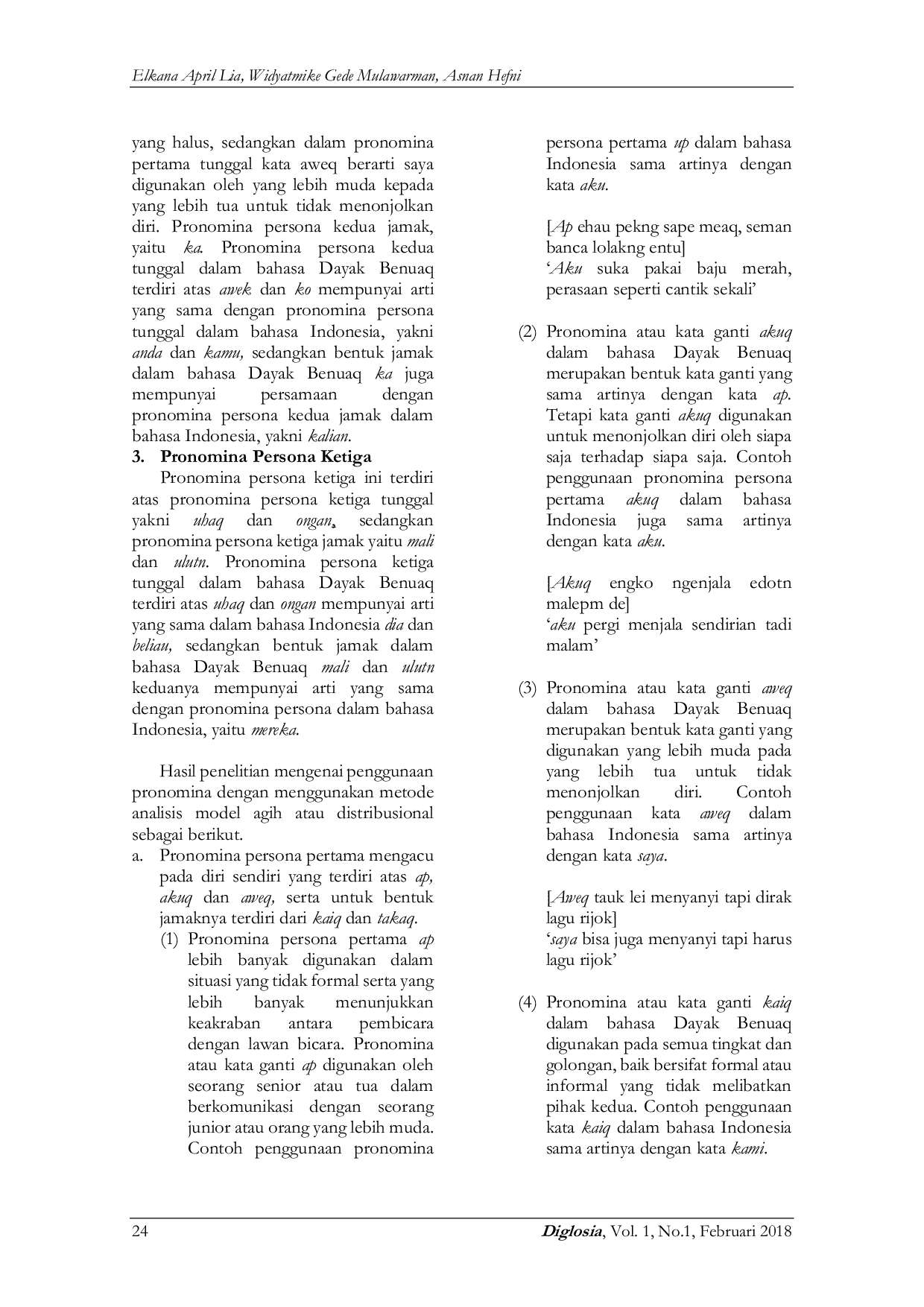 JURIS Pronomina Persona dalam Bahasa Dayak Benuaq di Kecamatan Muara Lawa Kabupaten Kutai Barat