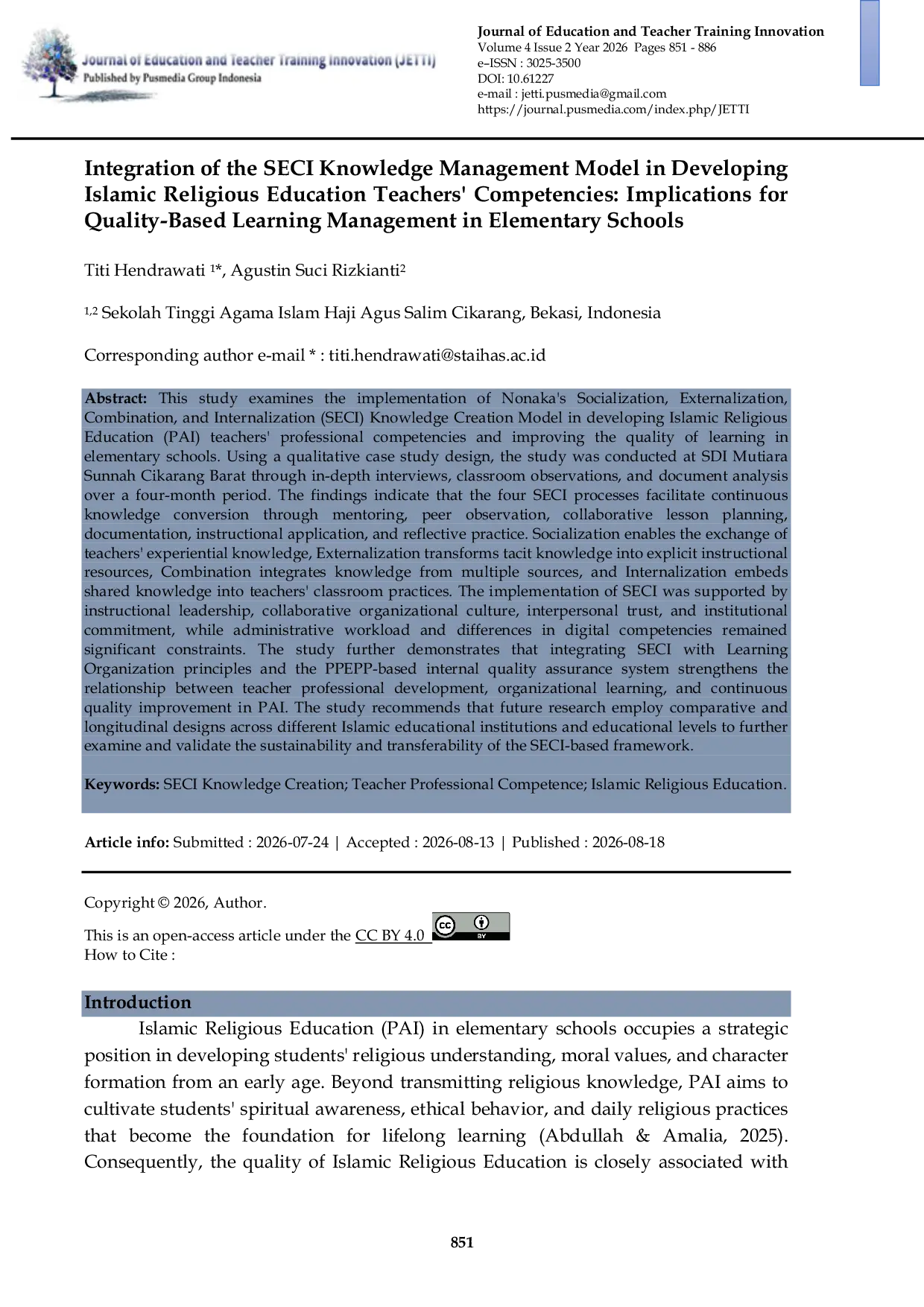 JURIS Integration Of The Seci Knowledge Management Model In Developing Islamic Religious Education Teachers Competencies Implications For Quality Based Learning Management In Elementary Schools