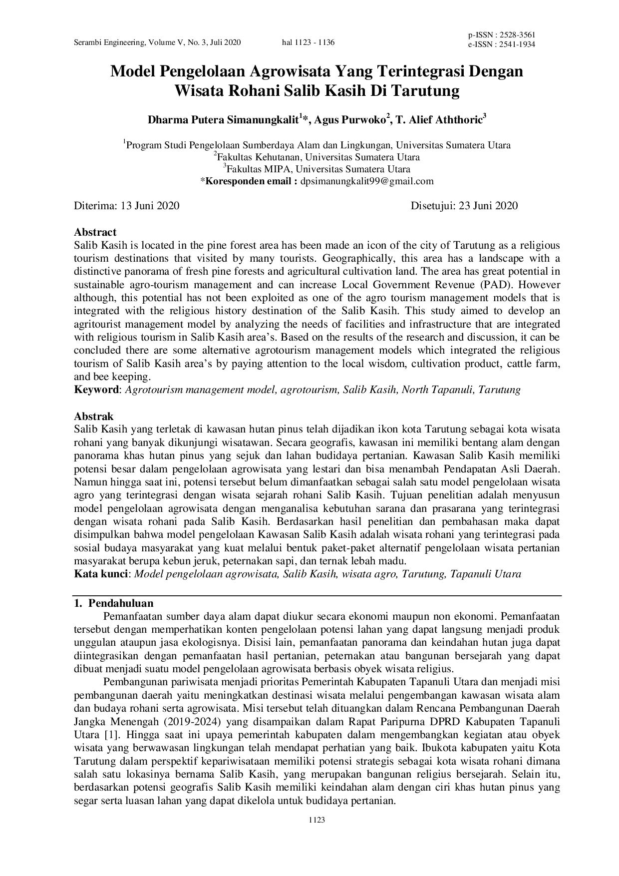 JURIS Model Pengelolaan Agrowisata Yang Terintegrasi Dengan Wisata Rohani Salib Kasih Di Tarutung