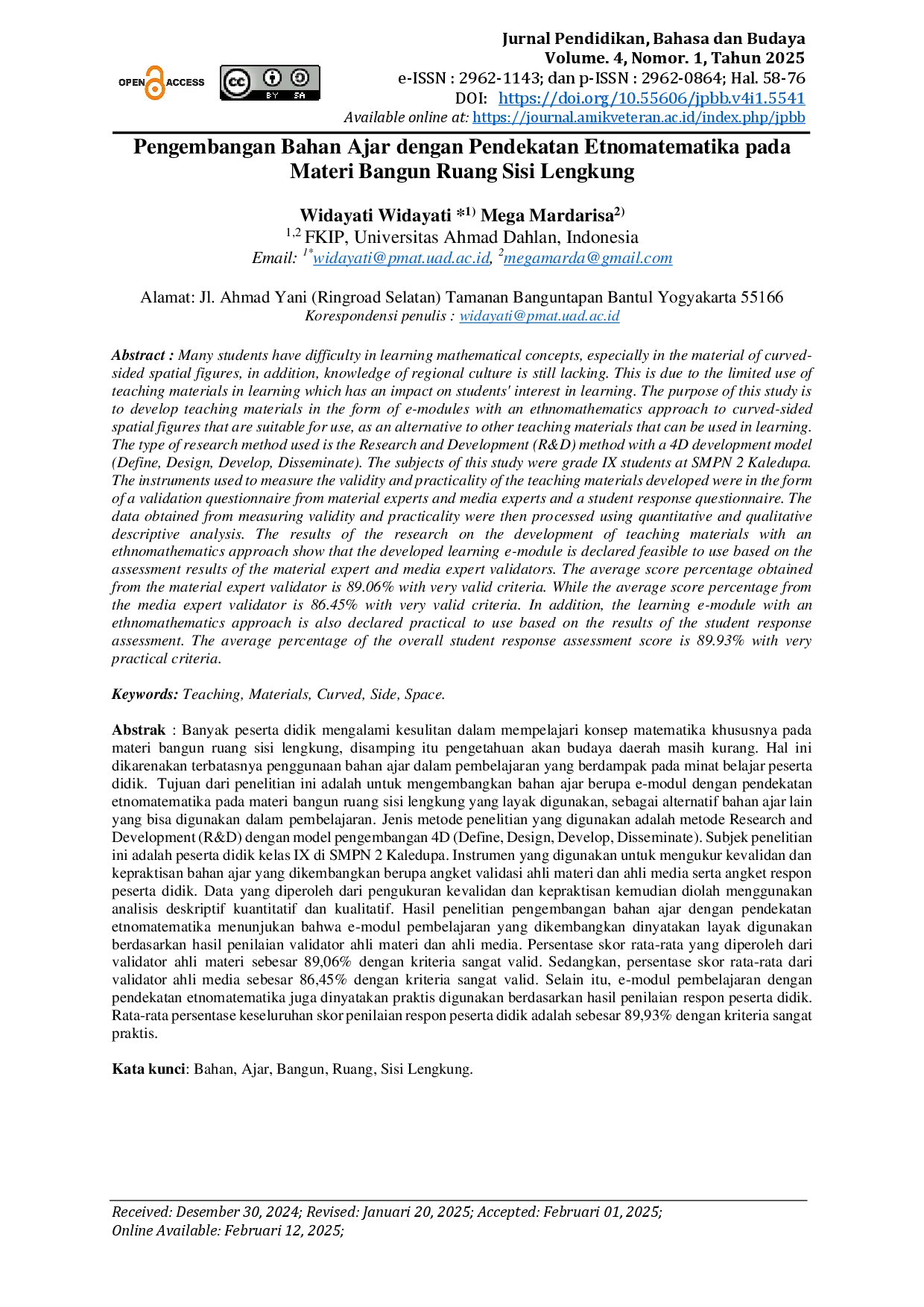 juris Pengembangan Bahan Ajar dengan Pendekatan Etnomatematika pada Materi Bangun Ruang Sisi Lengkung