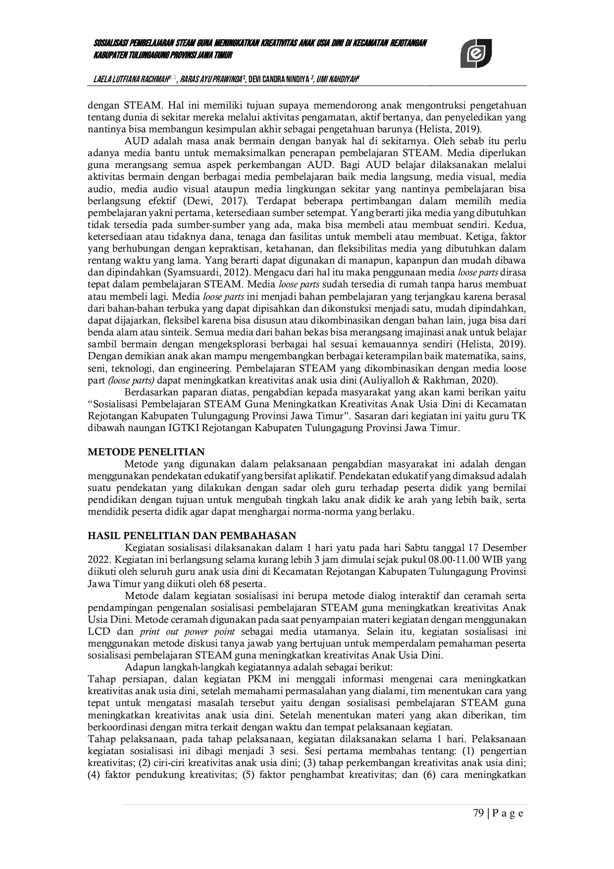 JURIS Socialization of STEAM Learning to Increase Early Childhood Creativity in Rejotangan District Tulungagung Regency East Java Province