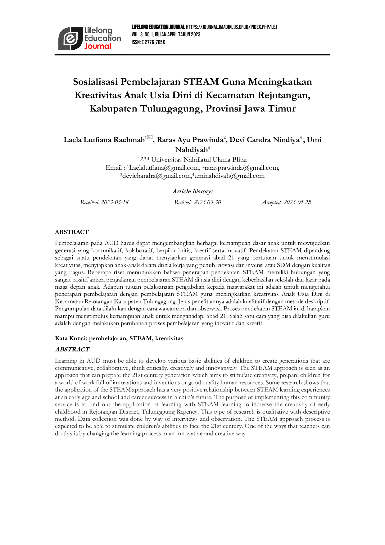 JURIS Socialization of STEAM Learning to Increase Early Childhood Creativity in Rejotangan District Tulungagung Regency East Java Province