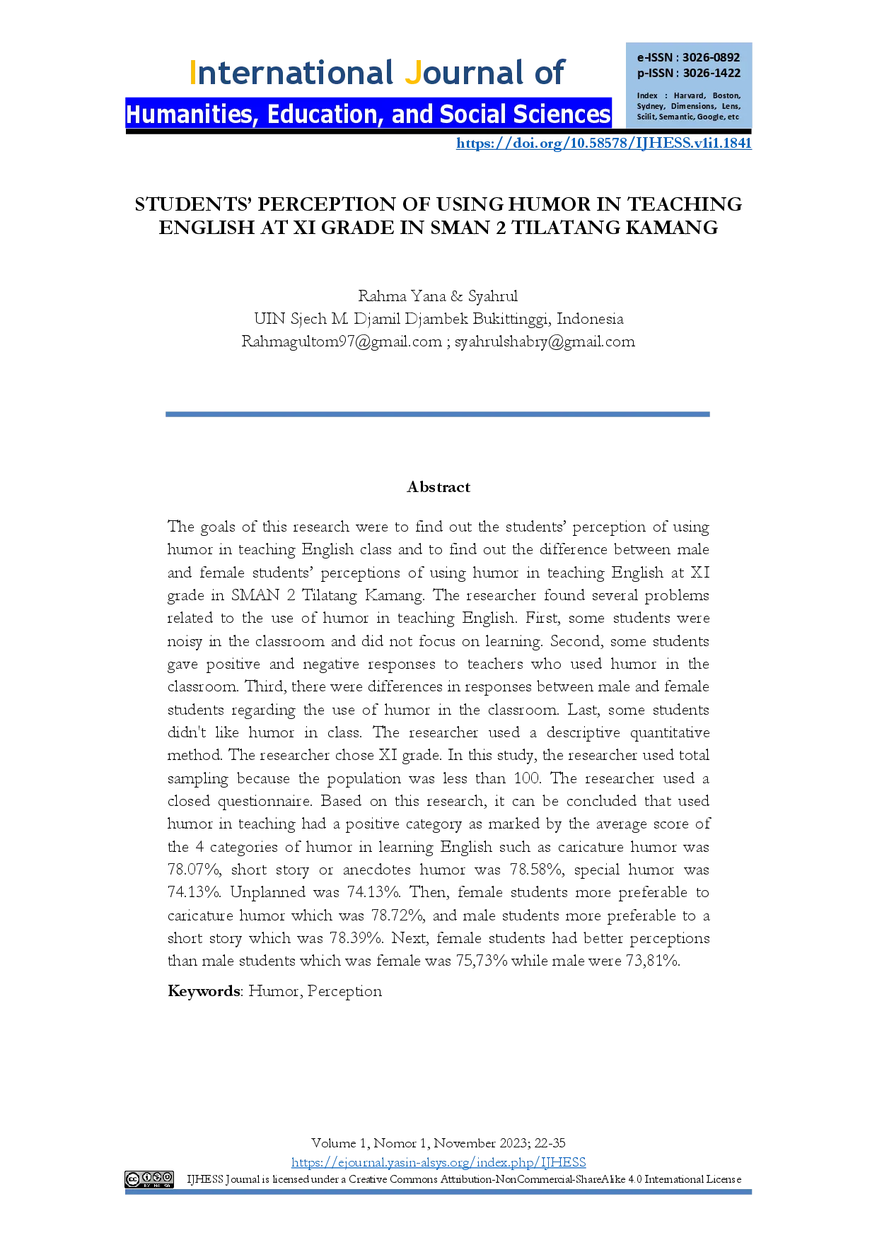 juris Students Perception of Using Humor in Teaching English at XI Grade in SMAN 2 Tilatang Kamang