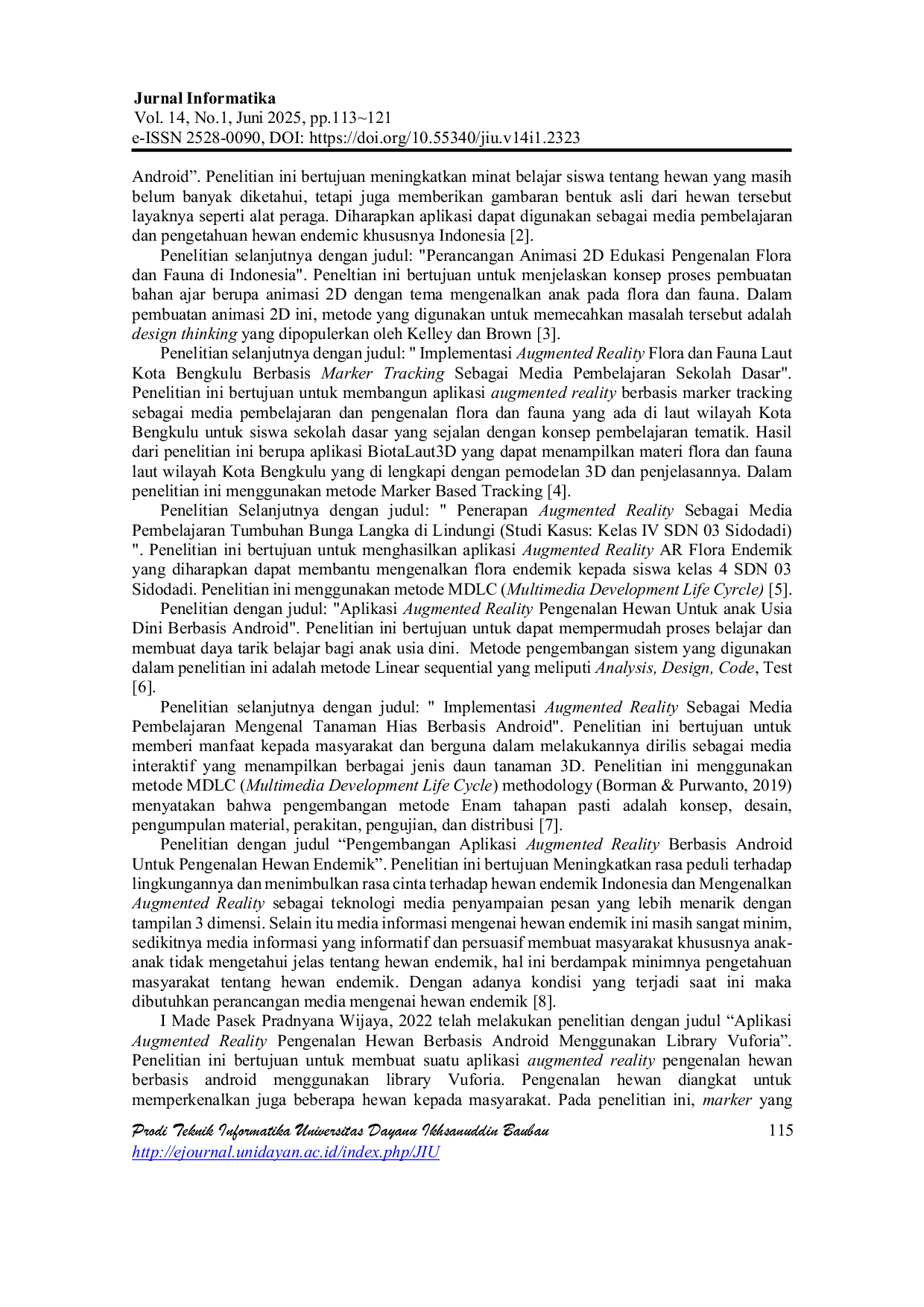 JURIS Pengembangan Aplikasi Augmented Reality Berbasis Android Untuk Pengenalan Flora Dan Fauna Endemik Indonesia Pada Siswa Sekolah