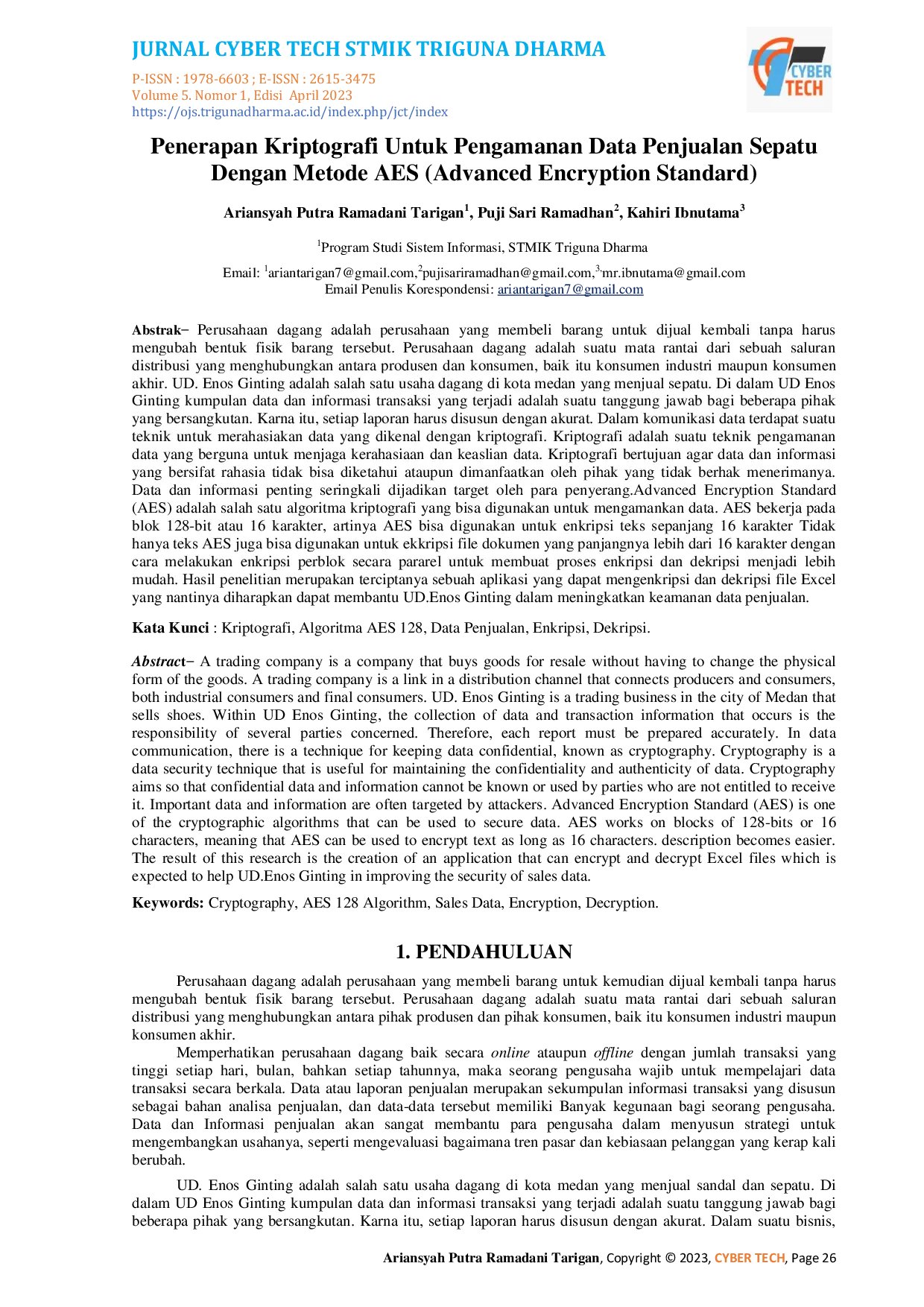 JURIS Penerapan Kriptografi Untuk Pengamanan Data Penjualan Sepatu Dengan Metode AES Advanced Encryption Standard