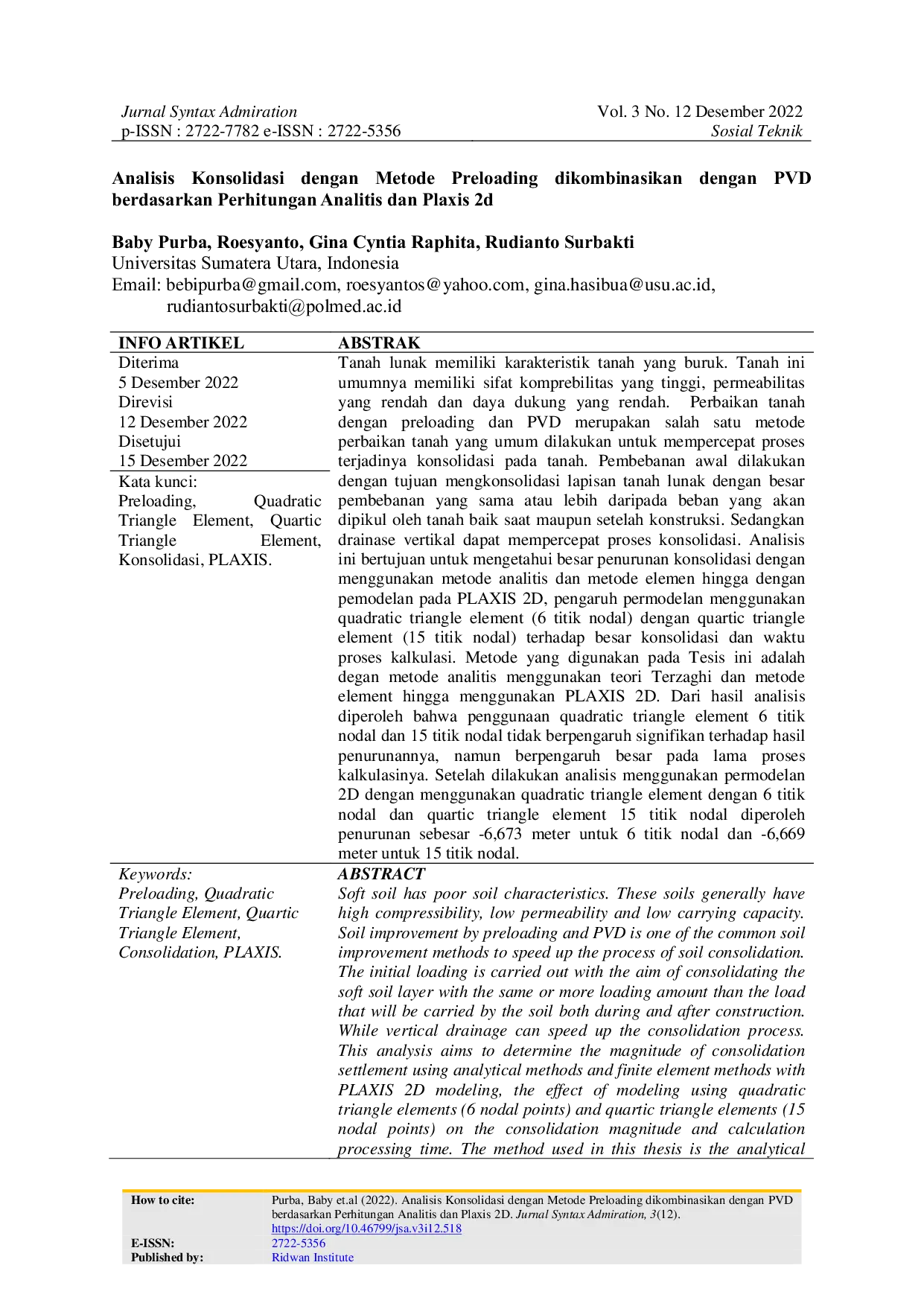 JURIS Analisis Konsolidasi dengan Metode Preloading dikombinasikan dengan PVD berdasarkan Perhitungan Analitis dan Plaxis 2d