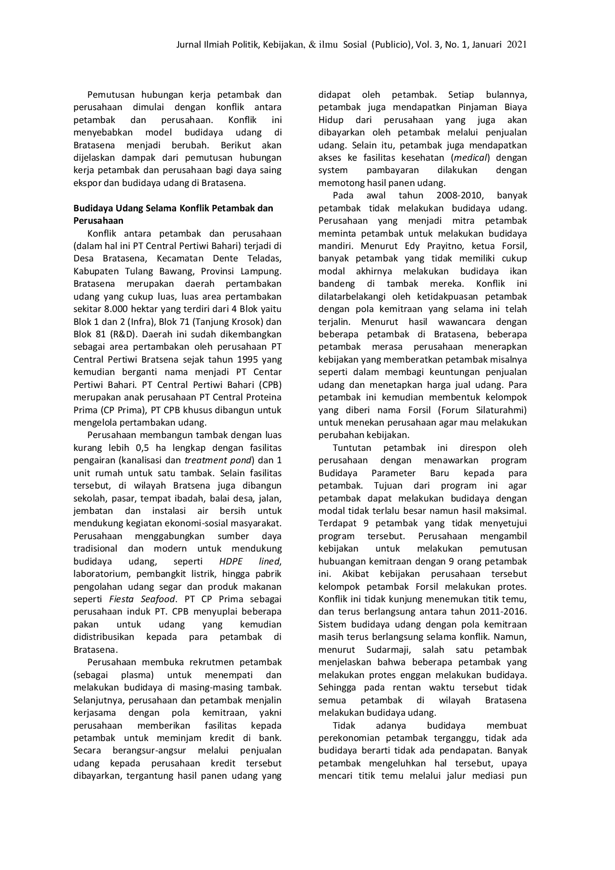 JURIS Analisis Daya Saing Ekspor Udang Bratasena Adiwarna Pasca Pemutusan Hubungan Kerja Petambak Dan Perusahaan