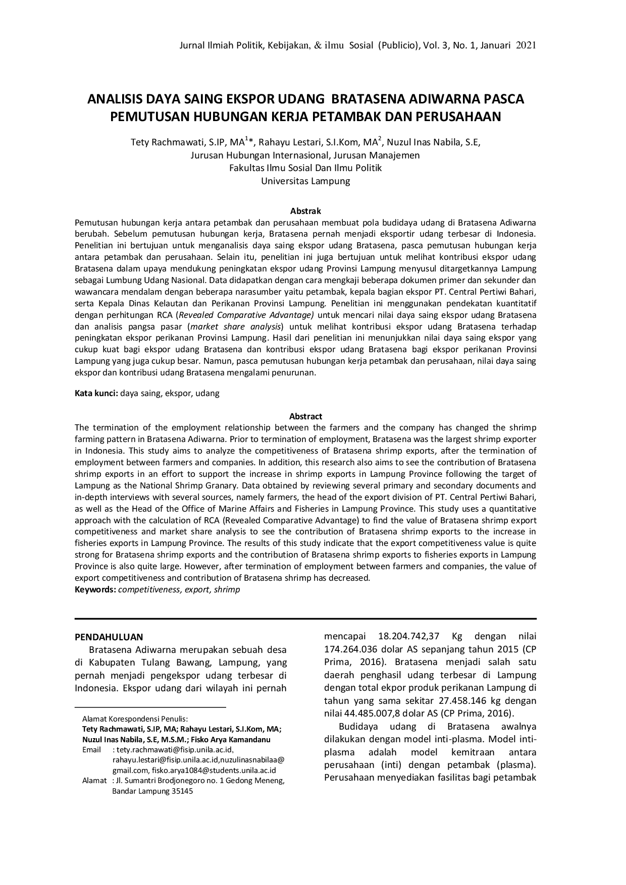 JURIS Analisis Daya Saing Ekspor Udang Bratasena Adiwarna Pasca Pemutusan Hubungan Kerja Petambak Dan Perusahaan