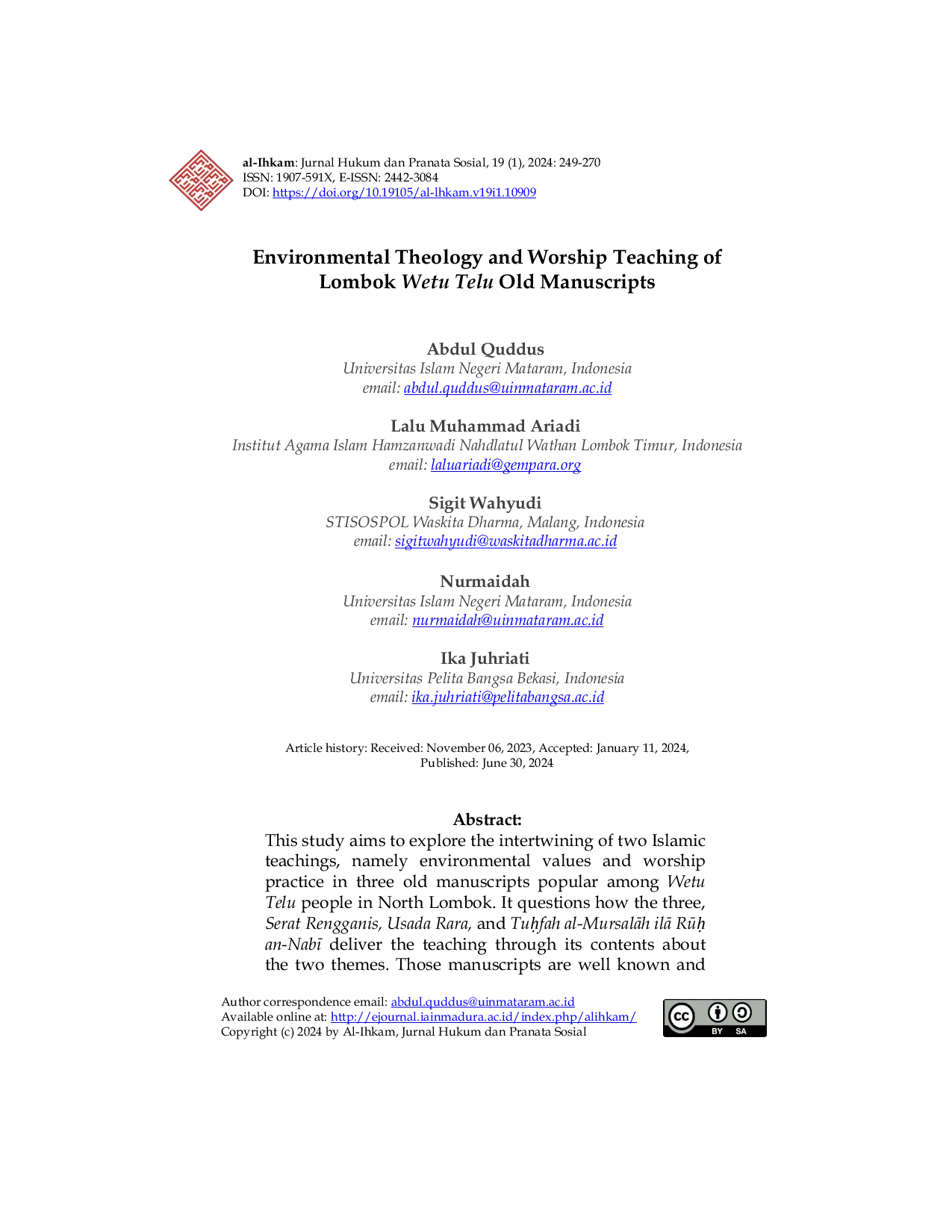 JURIS Environmental Theology and Worship Teaching of Lombok Wetu Telu Old Manuscripts