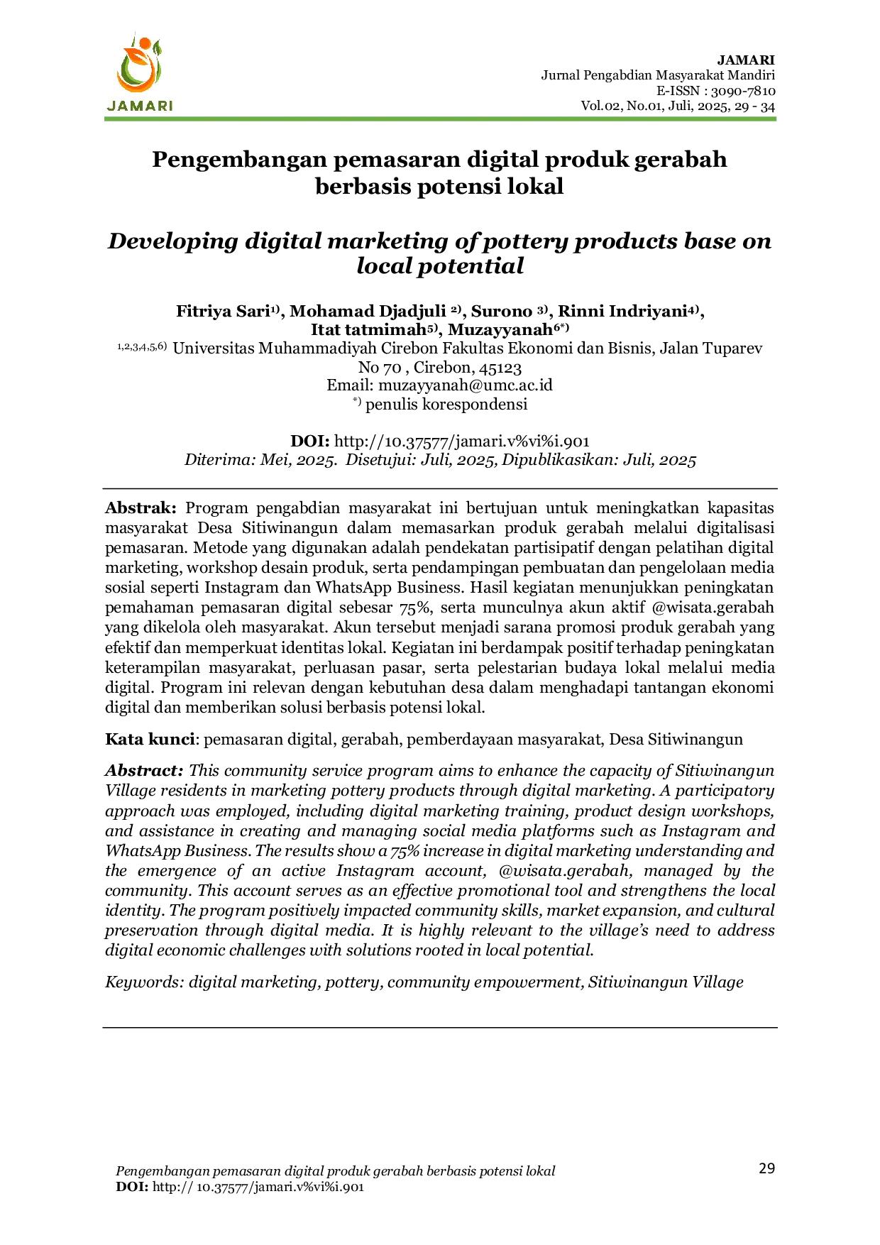 JURIS Pengembangan Pemasaran Digital Produk Gerabah Berbasis Potensi Lokal