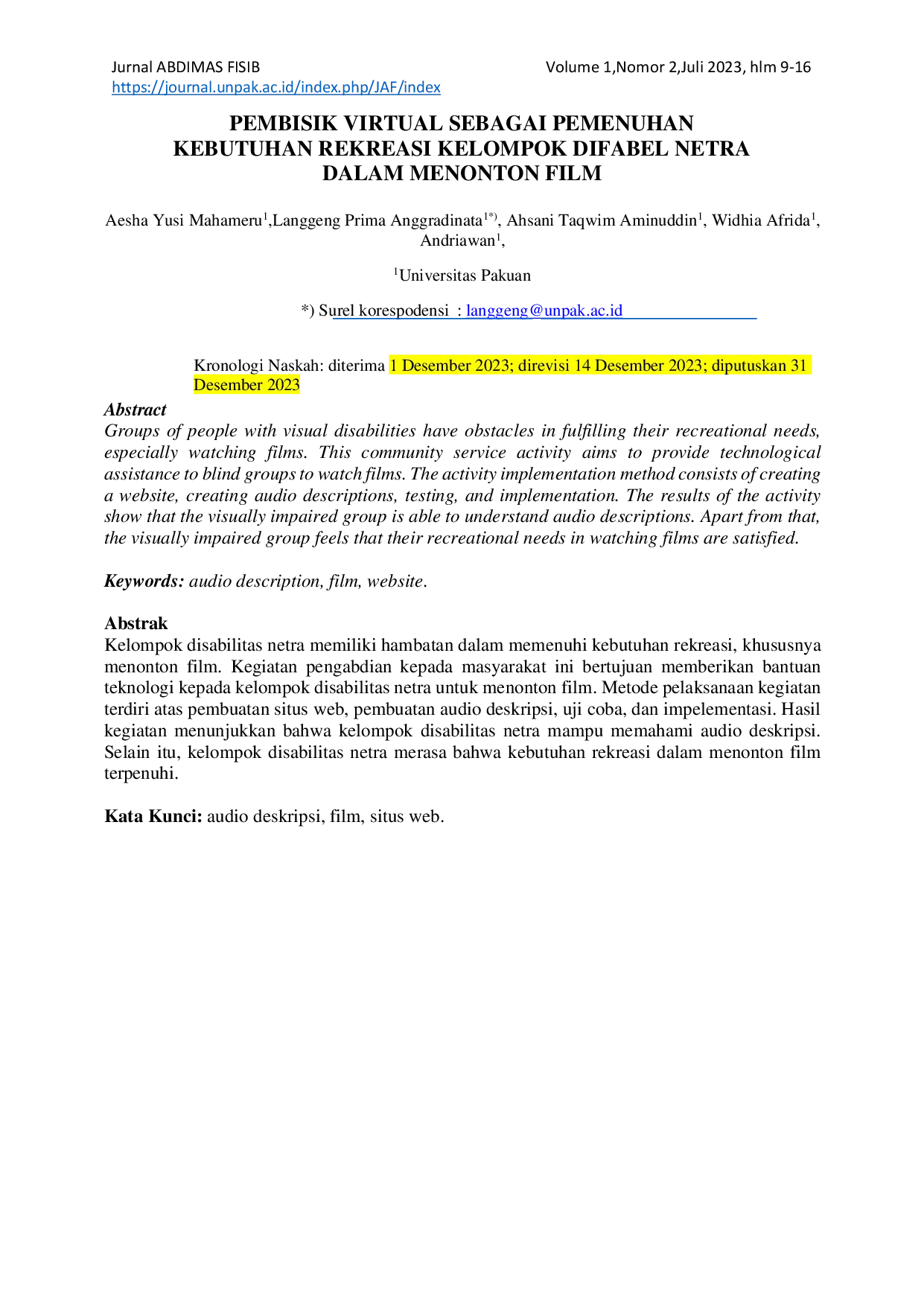 JURIS Pembisik Virtual Sebagai Pemenuhan Kebutuhan Rekreasi Kelompok Difabel Netra Dalam Menonton Film
