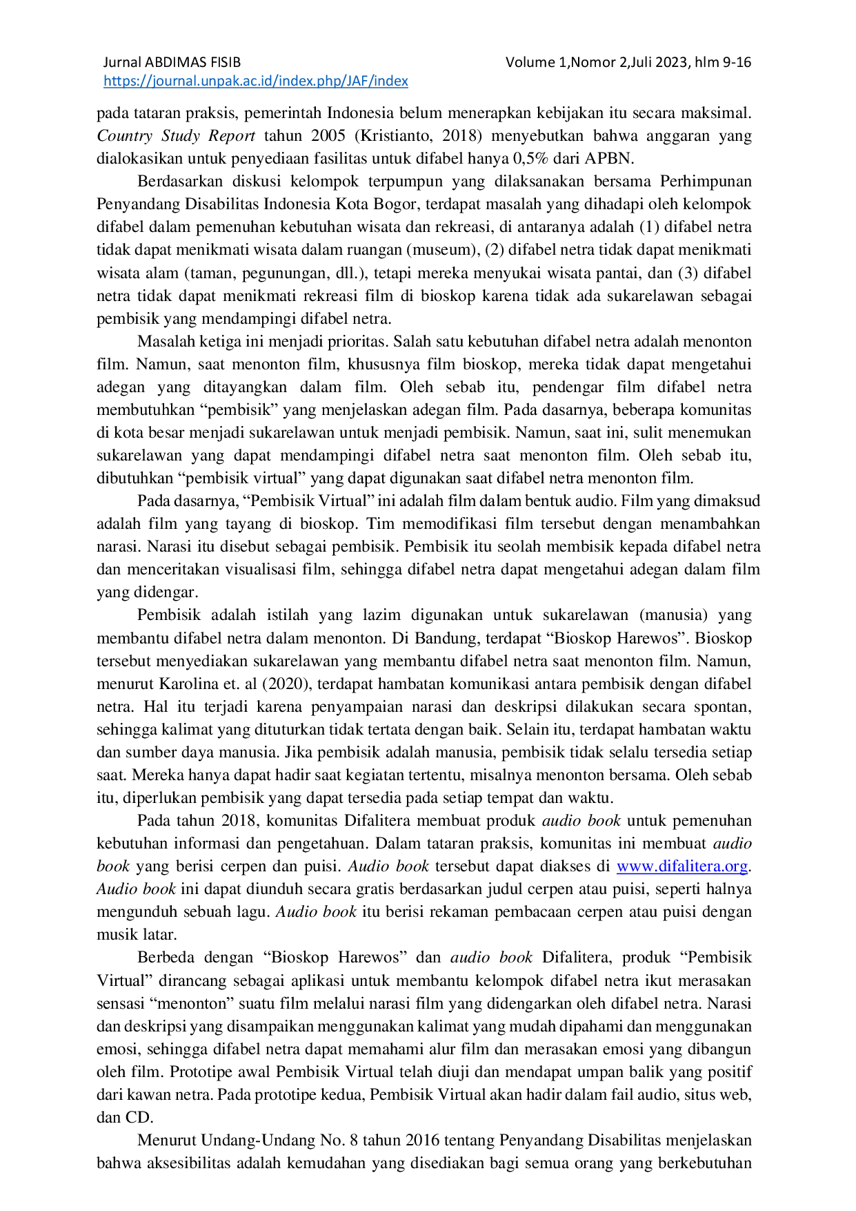 JURIS Pembisik Virtual Sebagai Pemenuhan Kebutuhan Rekreasi Kelompok Difabel Netra Dalam Menonton Film