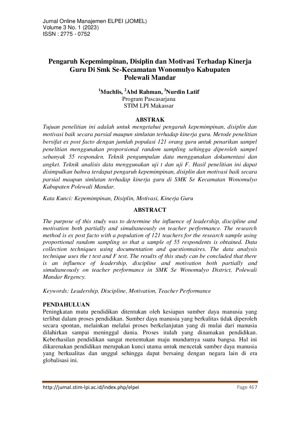 juris Pengaruh Kepemimpinan Disiplin dan Motivasi Terhadap Kinerja Guru Di Smk Se Kecamatan Wonomulyo Kabupaten Polewali Mandar