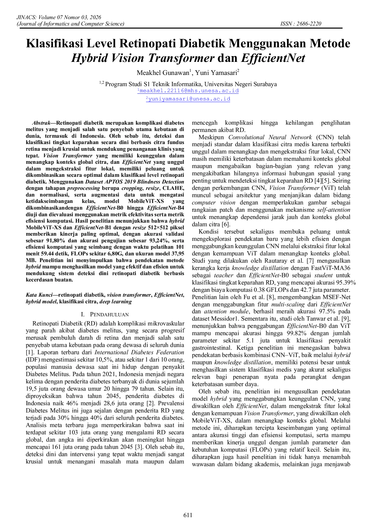 JURIS Klasifikasi Level Retinopati Diabetik Menggunakan Metode Hybrid Vision Transformer dan EfficientNet