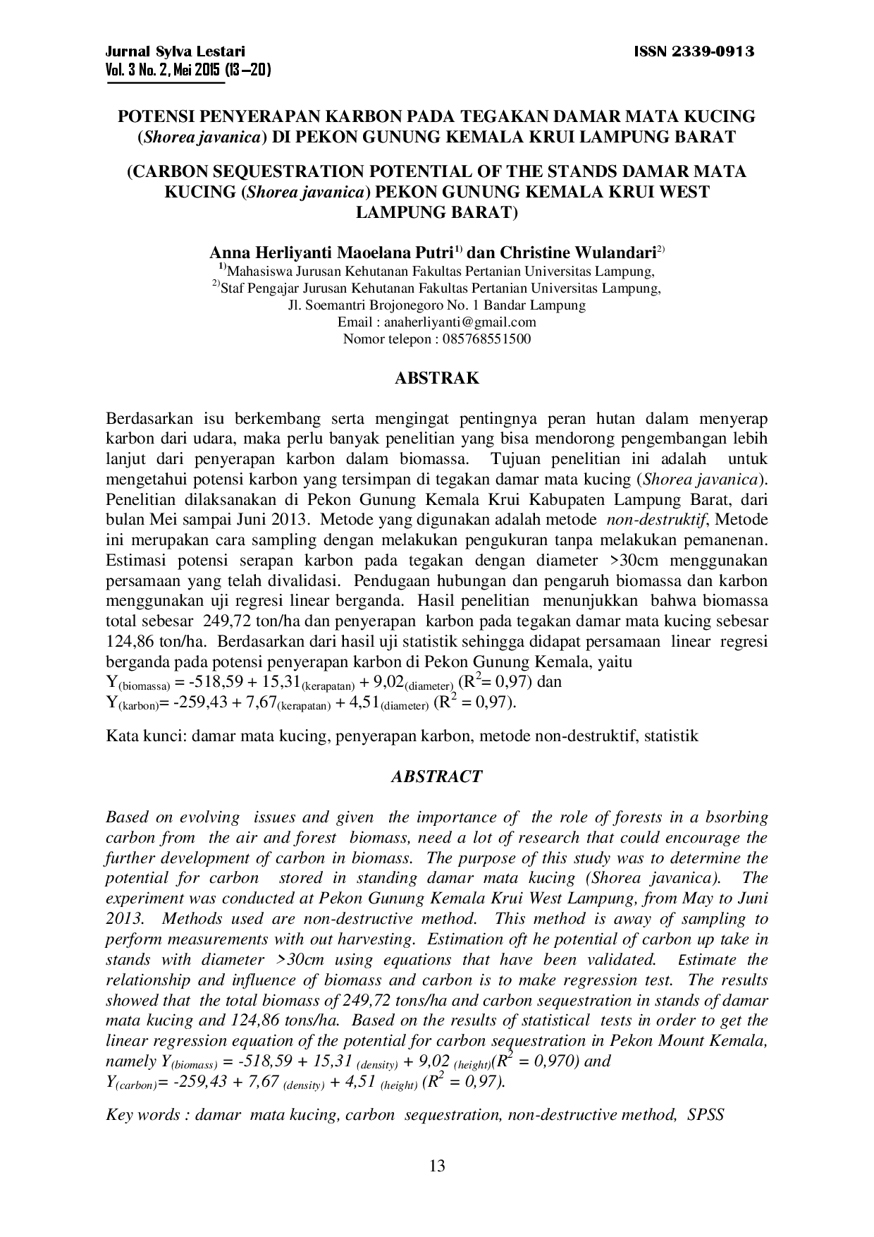 juris Potensi Penyerapan Karbon Pada Tegakan Damar Mata Kucing Shorea Javanica Di Pekon Gunung Kemala Krui Lampung Barat