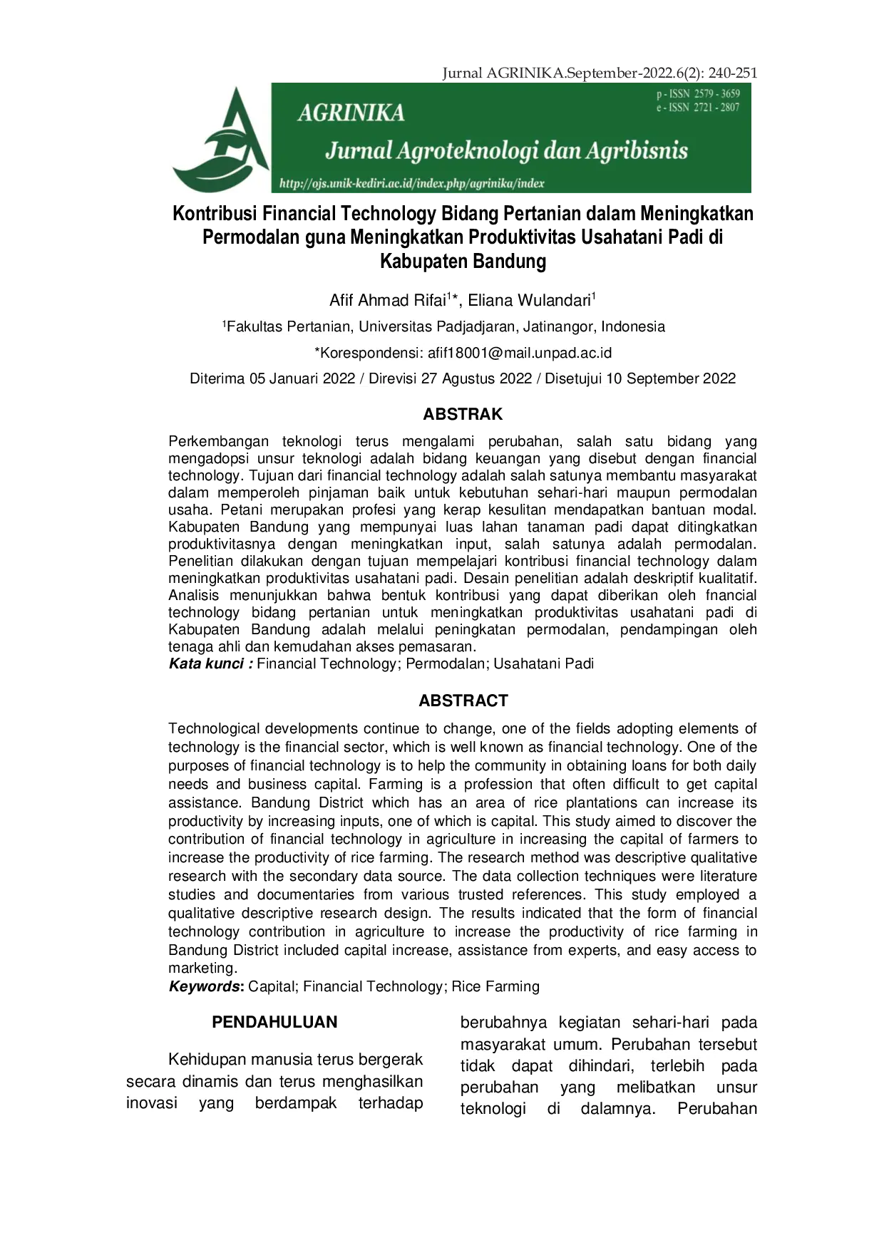 JURIS Kontribusi Financial Technology Bidang Pertanian dalam Meningkatkan Permodalan guna Meningkatkan Produktivitas Usahatani Padi di Kabupaten Bandung