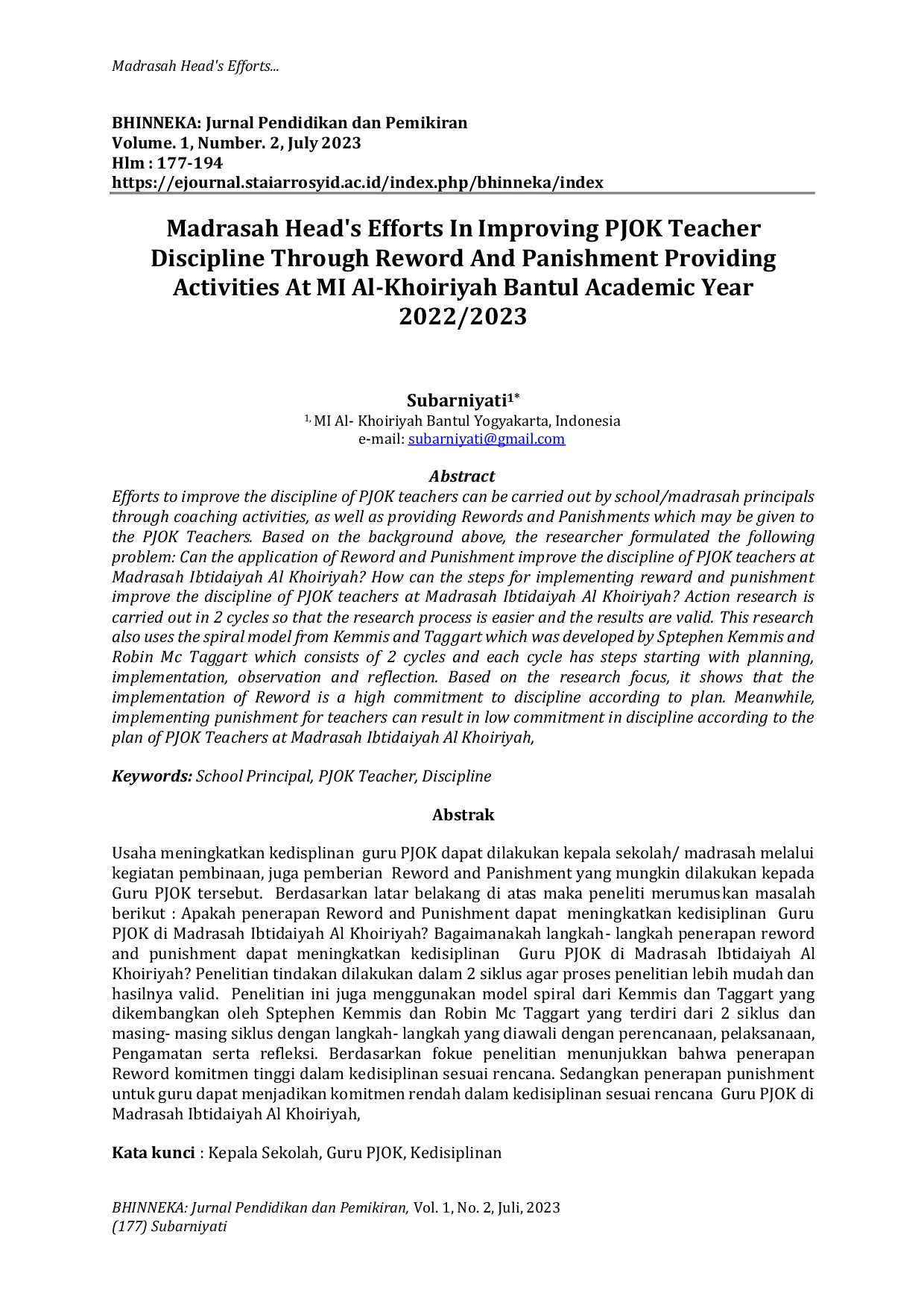 JURIS Madrasah Head s Efforts In Improving PJOK Teacher Discipline Through Reword And Panishment Providing Activities At MI Al Khoiriyah Bantul Academic Year 2022 2023