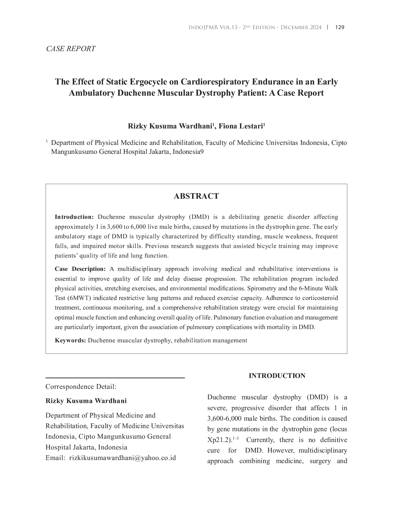 JURIS The Effect of Static Ergocycle on Cardiorespiratory Endurance in Early Ambulatory Duchenne Muscular Dystrophy Patient A Case Report
