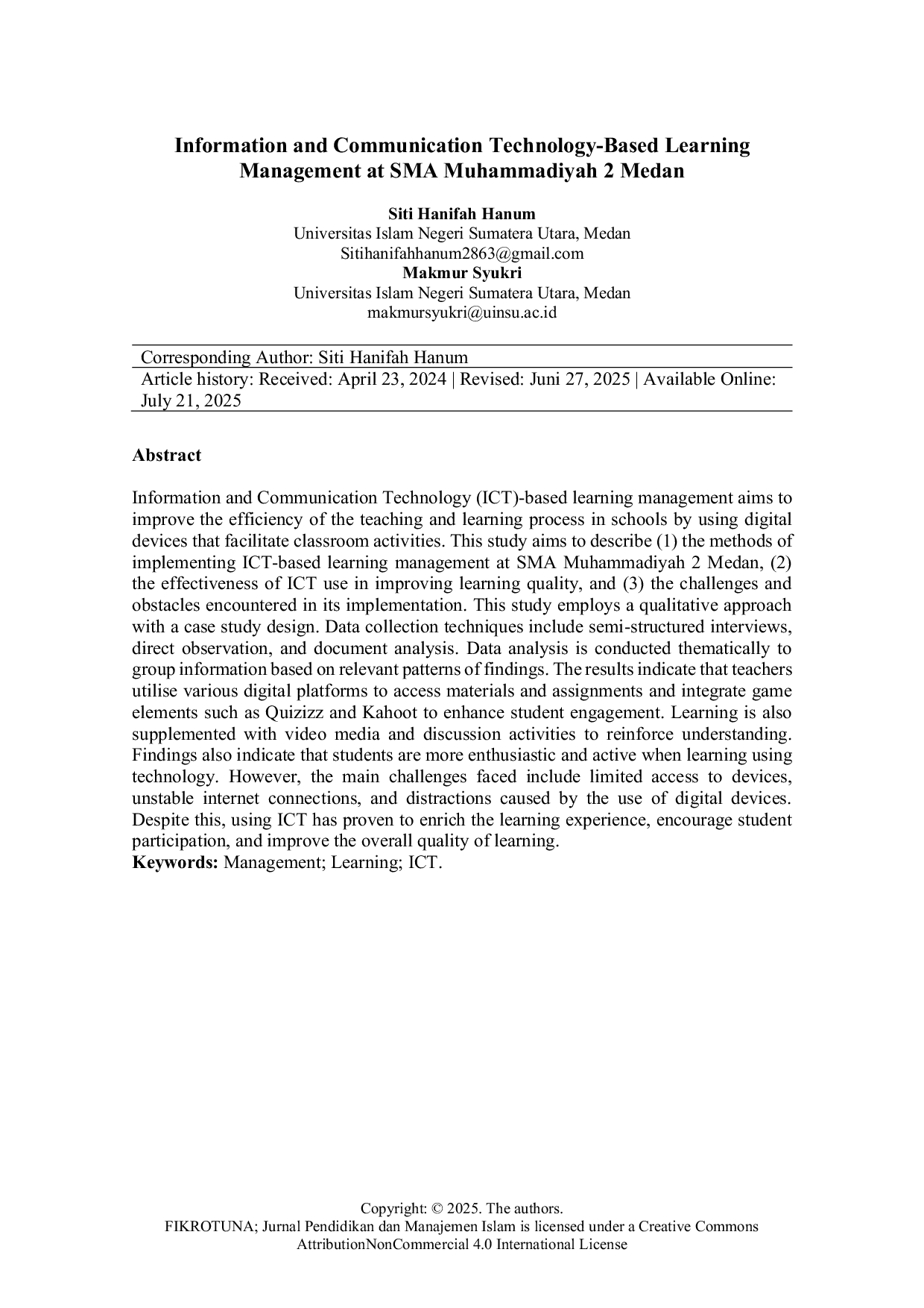 JURIS Information and Communication Technology Based Learning Management at SMA Muhammadiyah 2 Medan