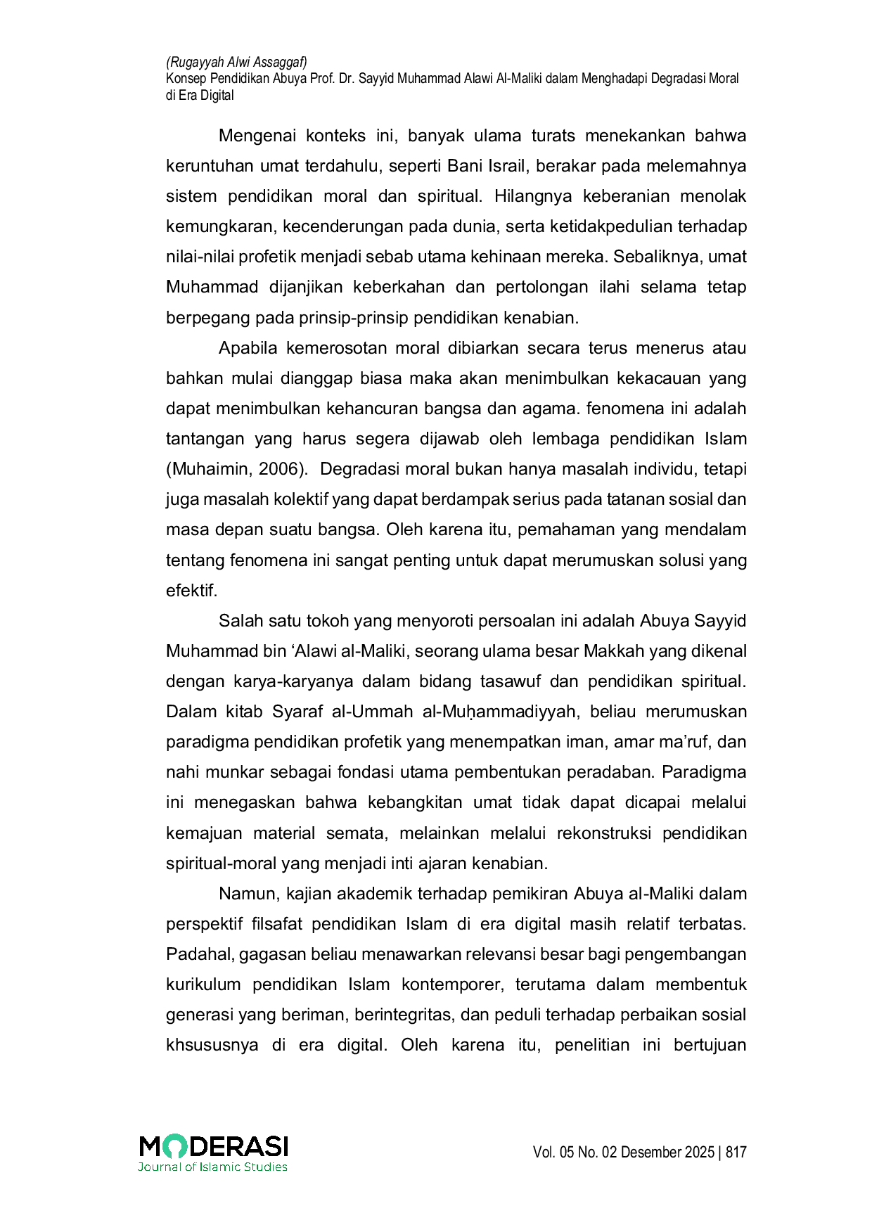 JURIS Konsep Pendidikan Abuya Prof Dr Sayyid Muhammad Alawi Al Maliki dalam Menghadapi Degradasi Moral di Era Digital