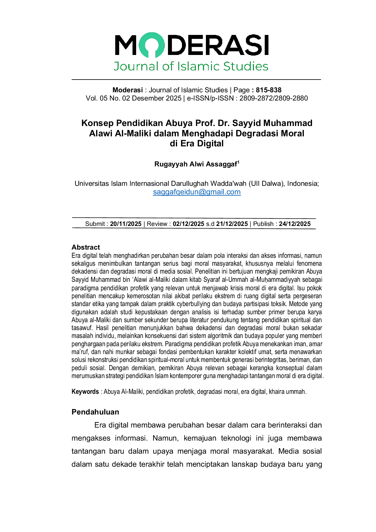 JURIS Konsep Pendidikan Abuya Prof Dr Sayyid Muhammad Alawi Al Maliki dalam Menghadapi Degradasi Moral di Era Digital