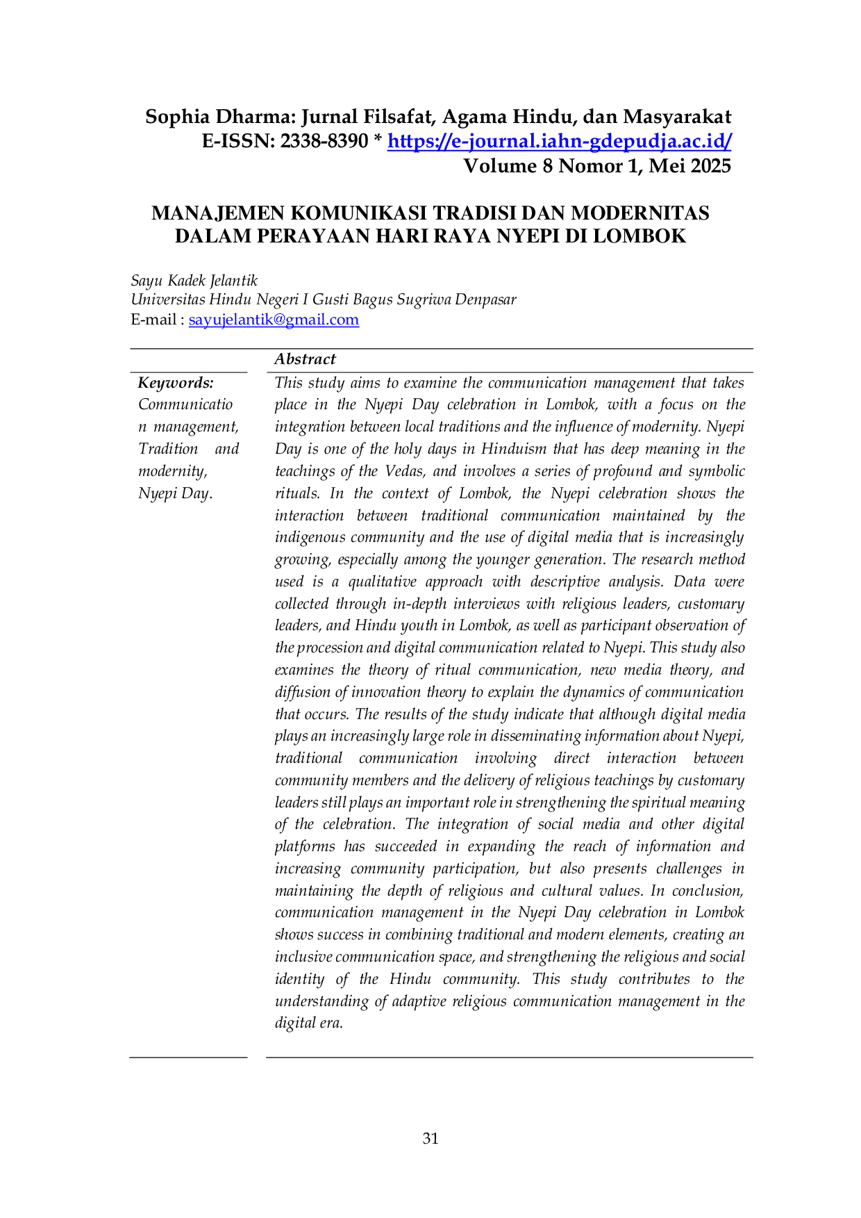 JURIS Manajemen Komunikasi Tradisi Dan Modernitas Dalam Perayaan Hari Raya Nyepi Di Lombok
