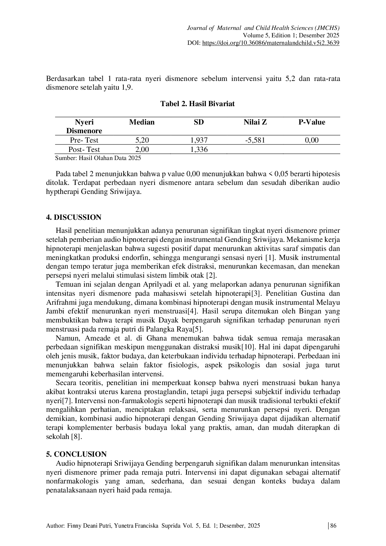 JURIS The Effect Of Sriwijaya Gending Audio Hypnotherapy On Primary Dysmenorrhea Pain In Adolescent Girls At Sman 1 Sp Padang