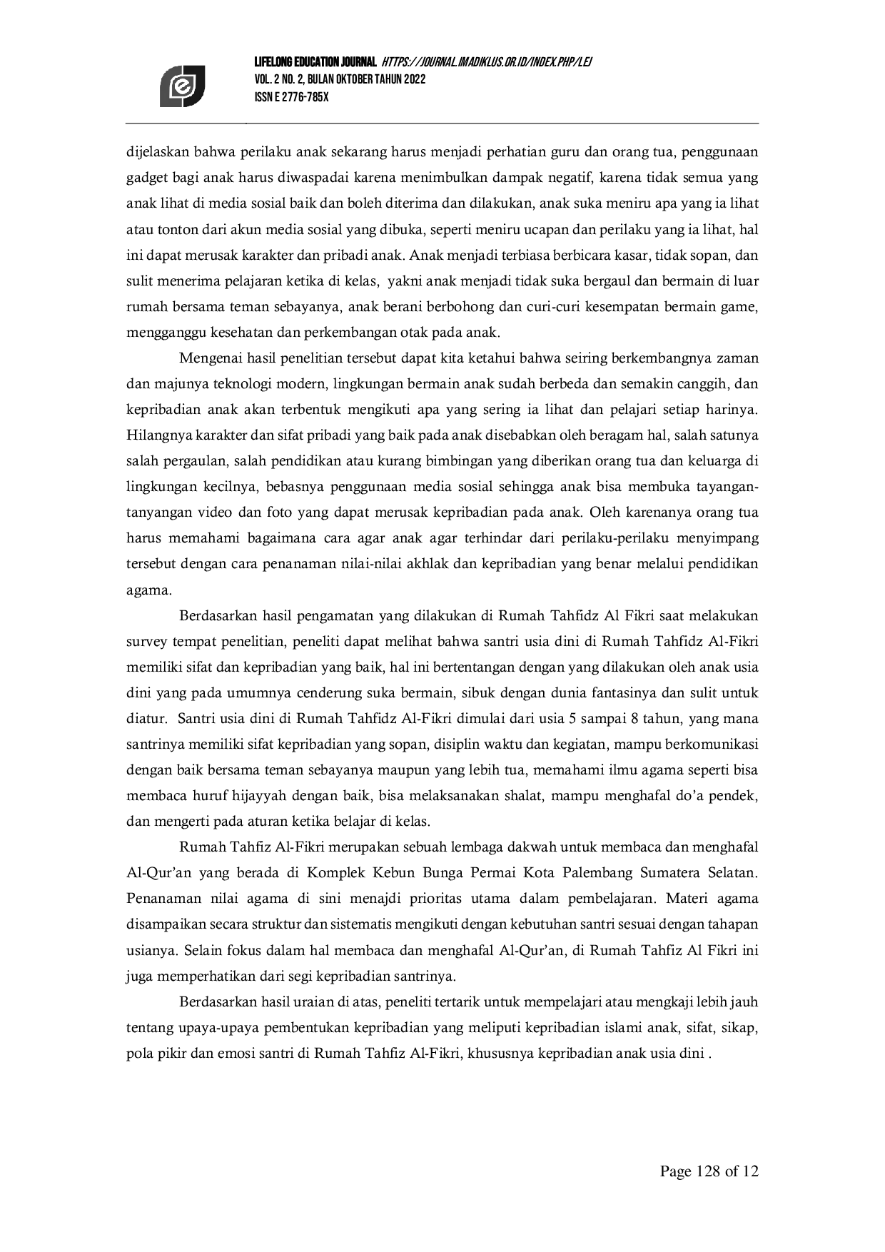 JURIS Upaya Pembentukan Kepribadian Islami Santri Anak Usia Dini di Rumah Tahfidz Al Fikri Kebun Bunga Permai Kota Palembang