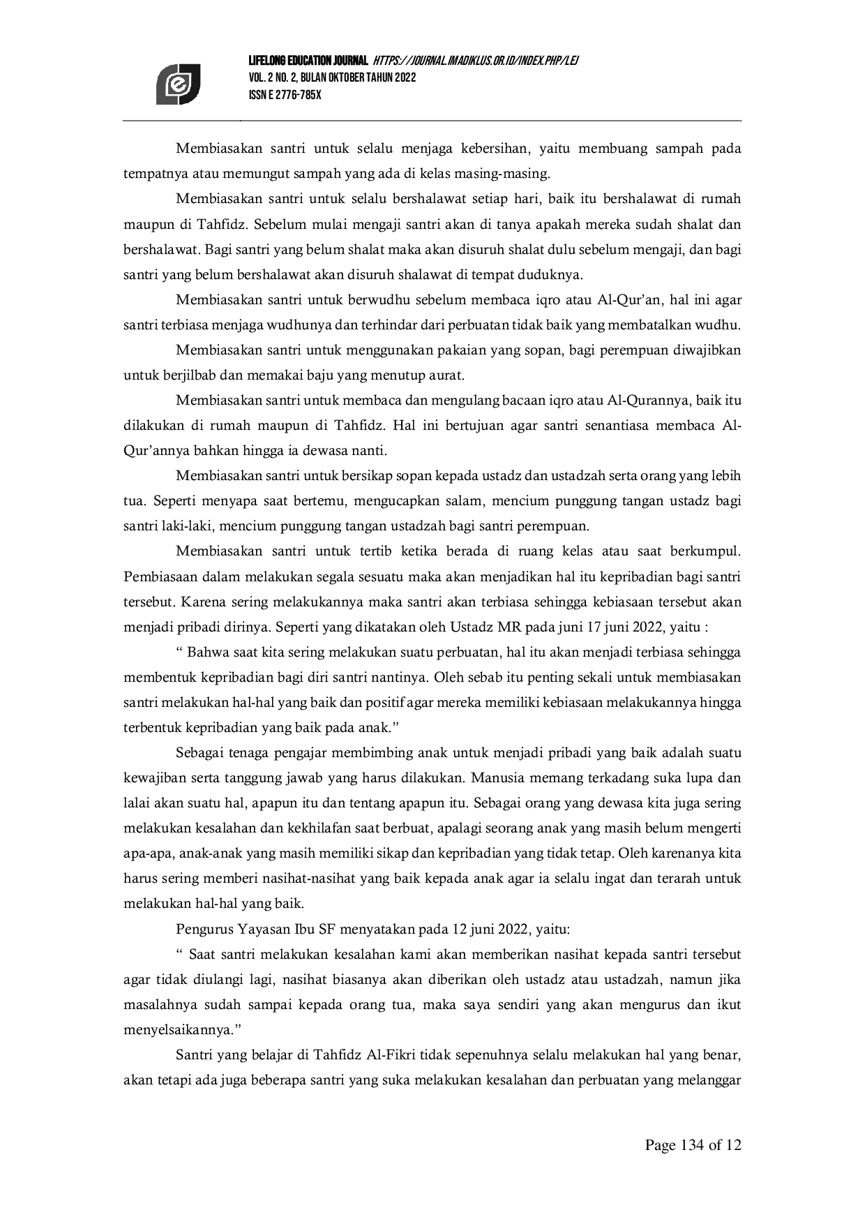 JURIS Upaya Pembentukan Kepribadian Islami Santri Anak Usia Dini di Rumah Tahfidz Al Fikri Kebun Bunga Permai Kota Palembang