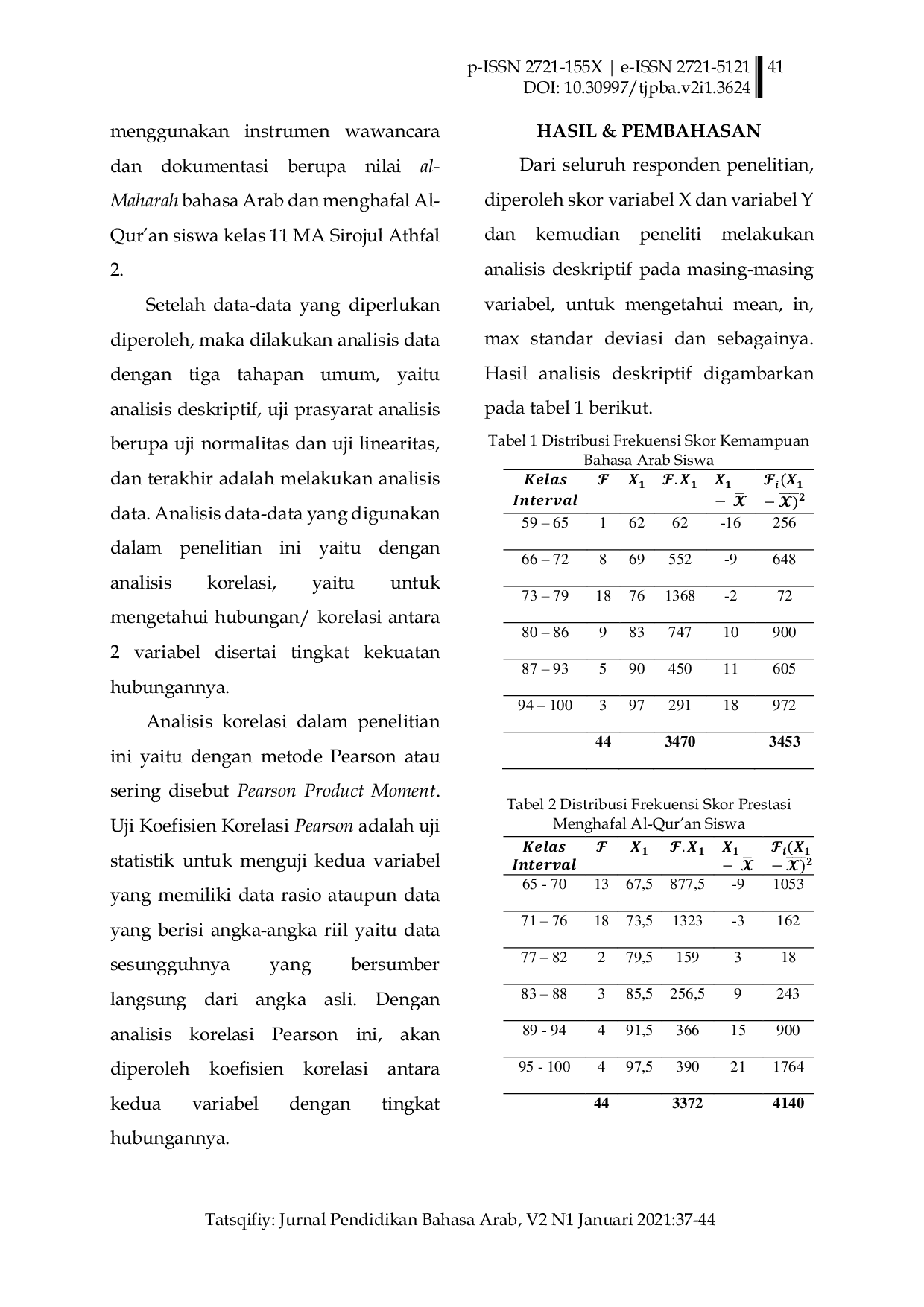 JURIS Hubungan Kemampuan Bahasa Arab Dengan Prestasi Menghafal Al Qur an Siswa Kelas XI MA Sirojul Athfal 2