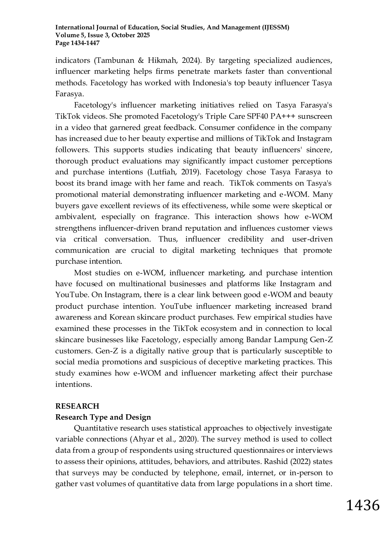 JURIS The Influence of Electronic Word of Mouth and Influencer Marketing on Purchase Intention of Facetology Skincare Products on TikTok A Study on Generation Z in Bandar Lampung